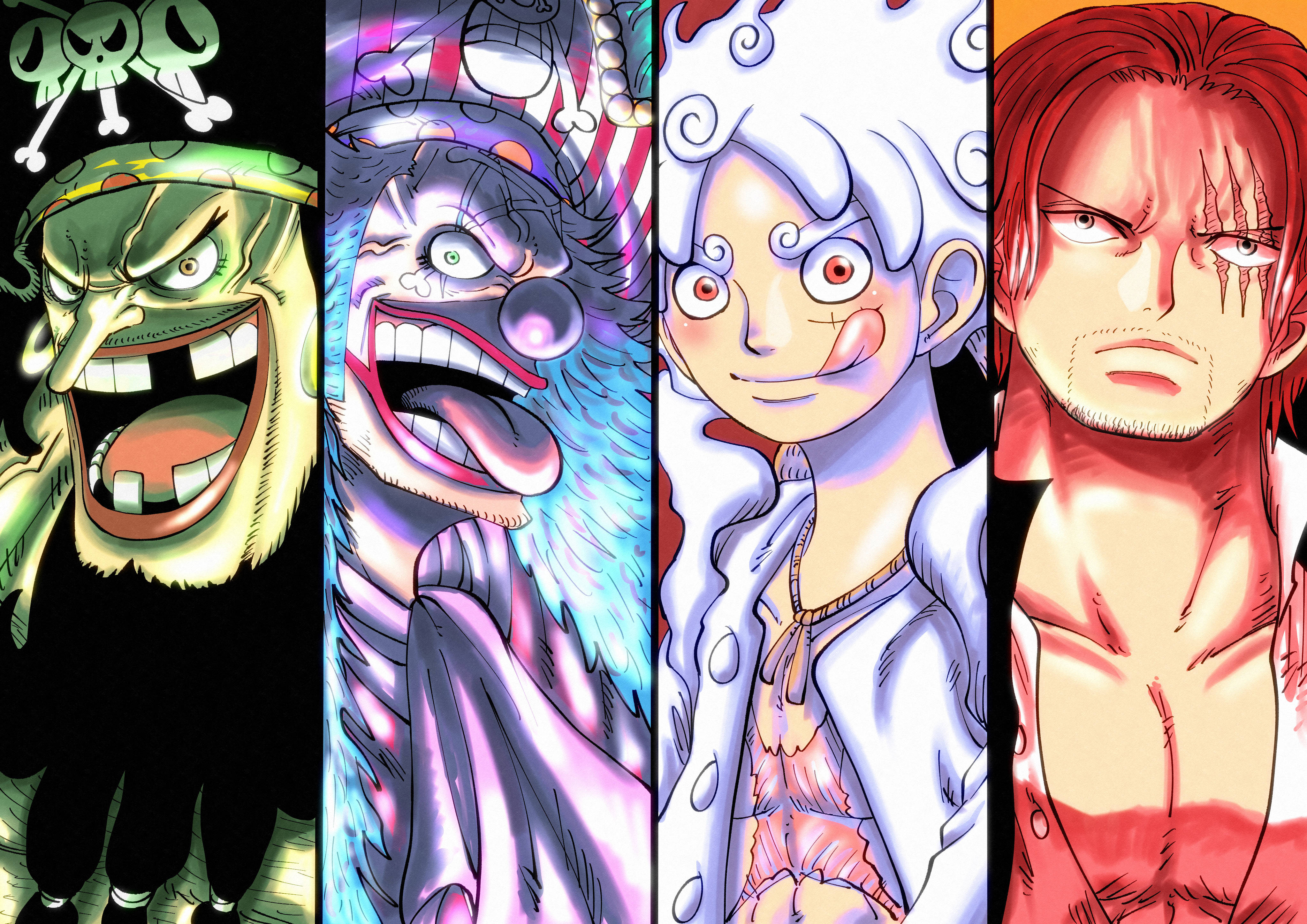 海賊王 桌布 壁紙 — 來自《One Piece》的四個強烈動漫角色並排展示，色彩鮮豔，表情戲劇化。