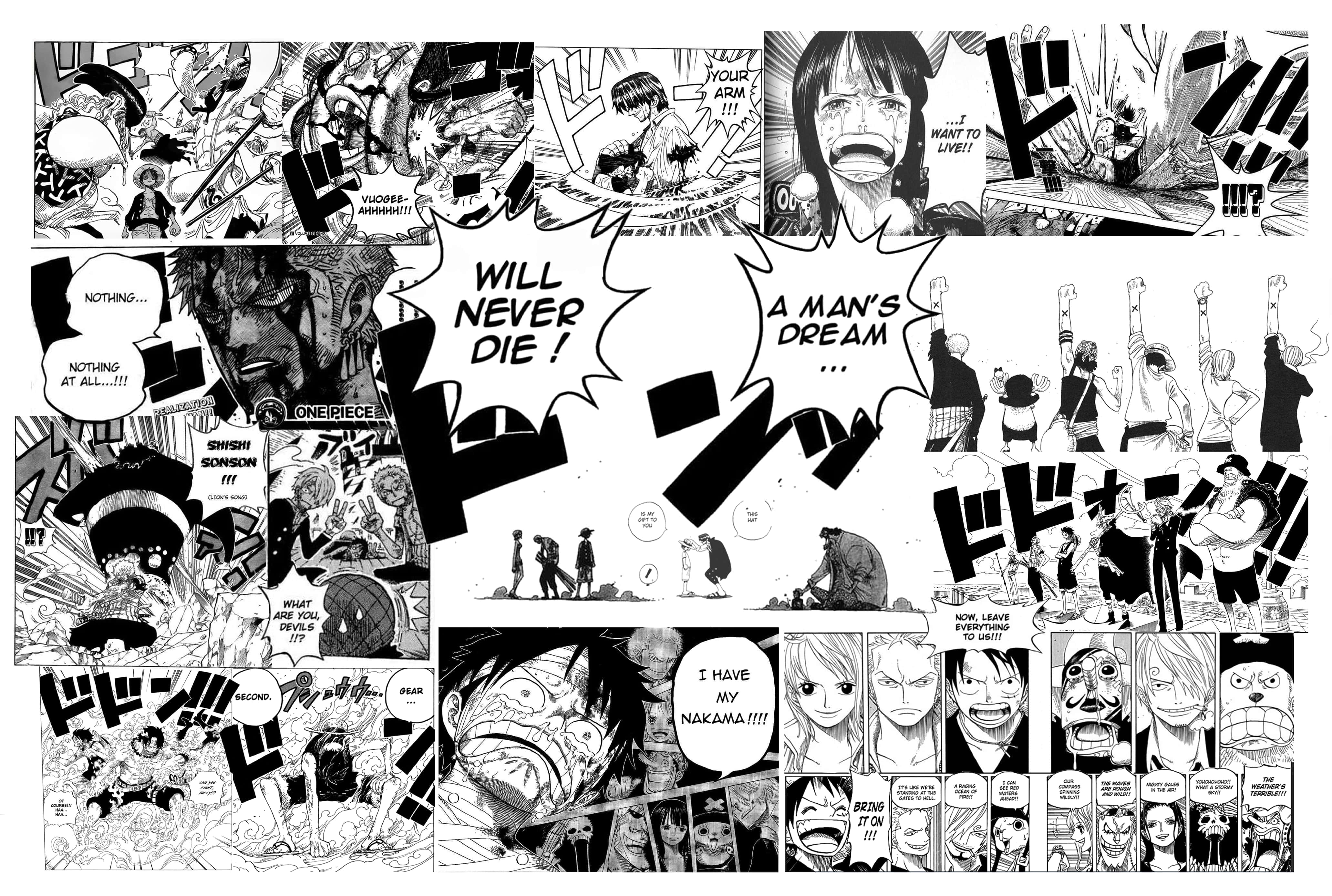 One Piece Manga 桌布 壁紙 — 來自《One Piece》的高衝擊力黑白漫畫頁面， featuring 強烈的角色表情和戲劇性的動作面板。