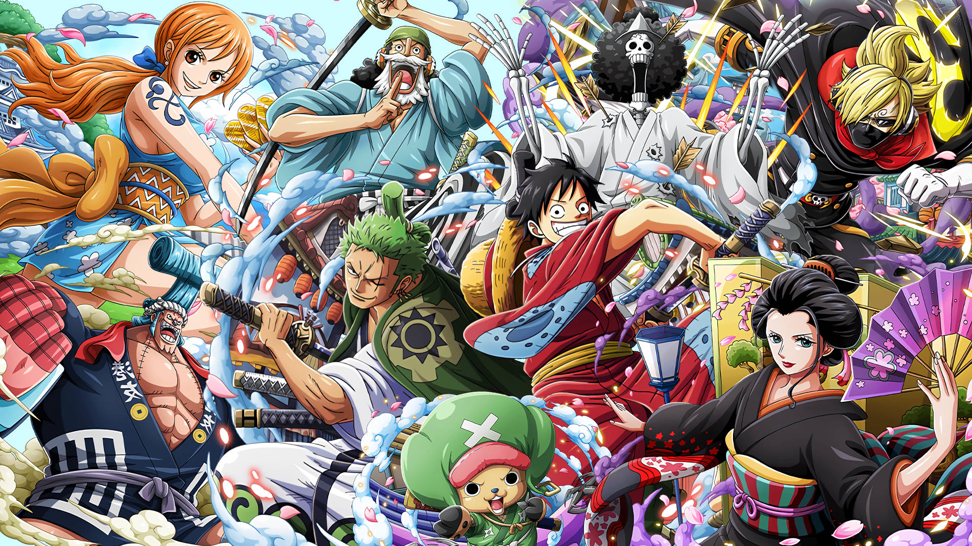 超讚動畫 桌布 壁紙 — 來自《One Piece》的鮮豔動漫角色在旋轉能量和多彩效果中以動態動作姿勢碰撞。