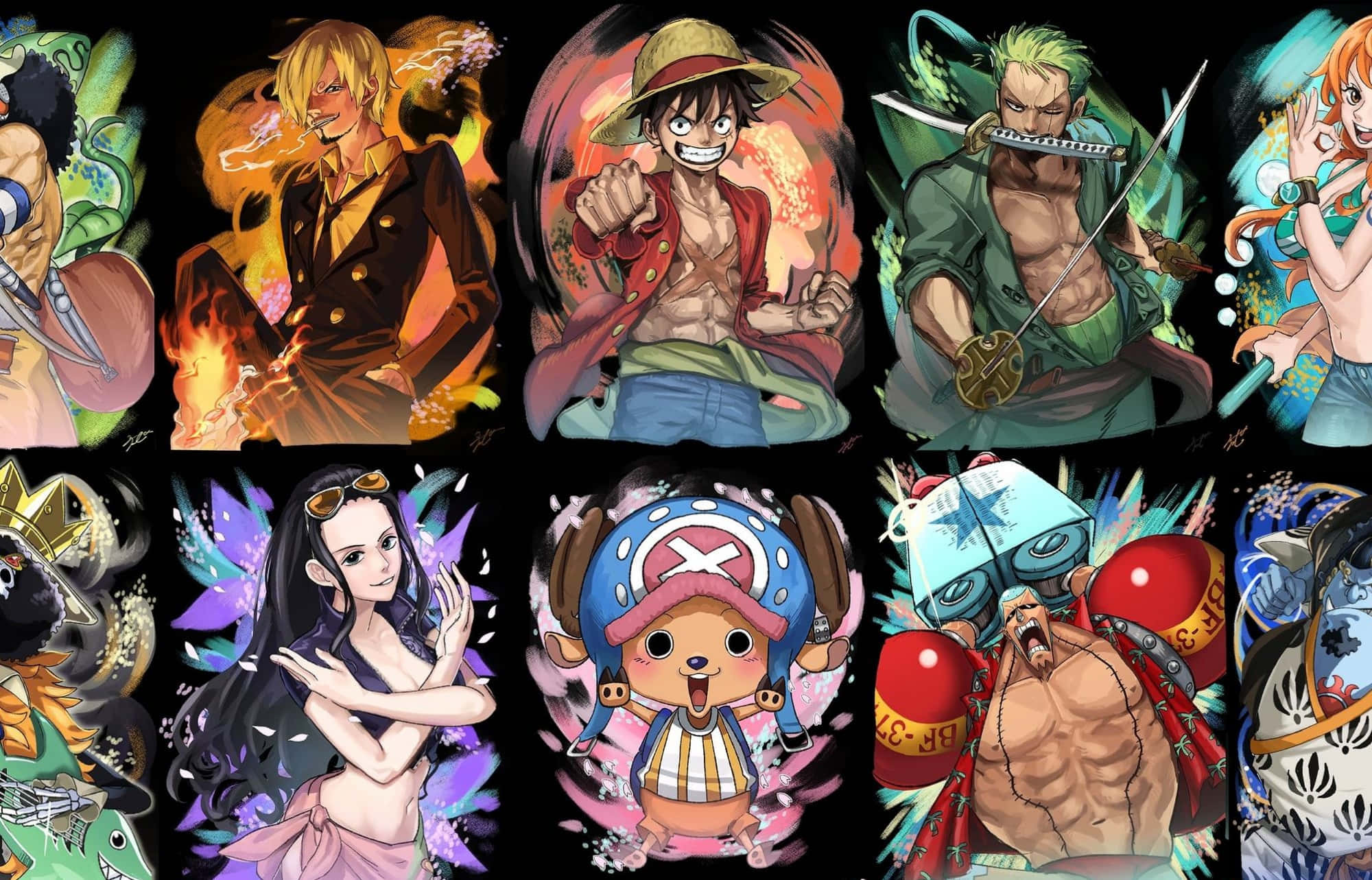 海賊王 桌布 壁紙 — 來自《One Piece》的鮮豔動漫角色，在色彩繽紛的抽象背景前動態擺姿勢。