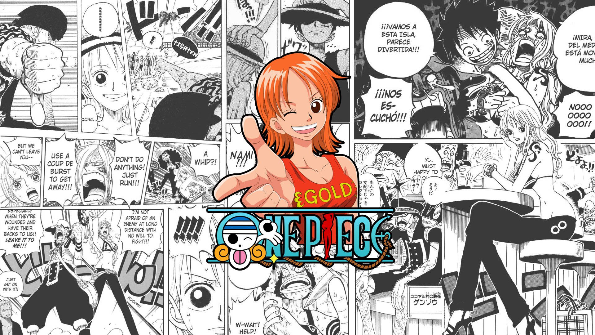 Panel 桌布 壁紙 — 來自《One Piece》的鮮豔漫畫面板，角色在動態動作場景中展現大膽線條和豐富表情。