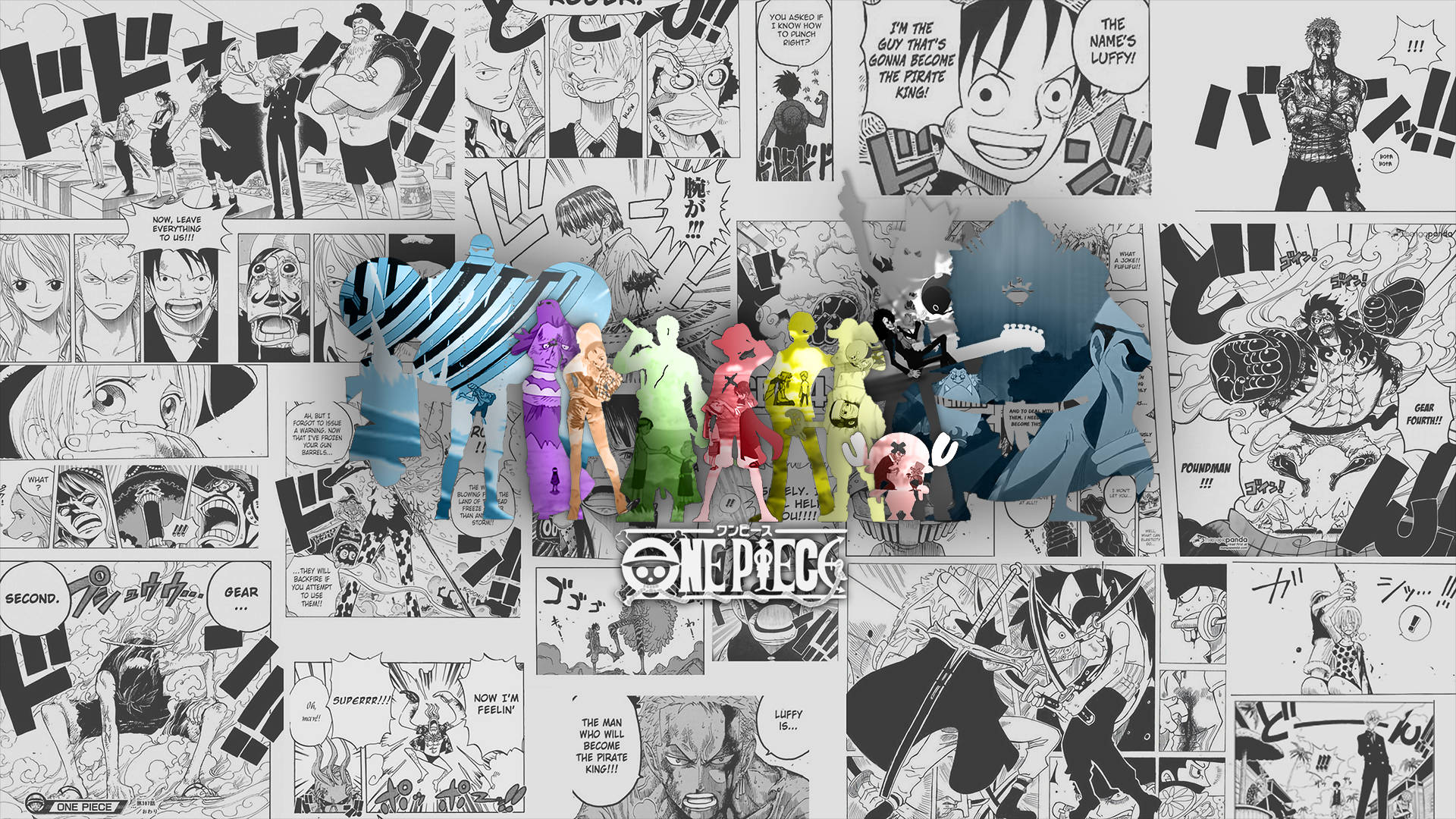 Panel 桌布 壁紙 — 來自《One Piece》的鮮豔3D動畫角色以彩色剪影形式站立在黑白漫畫面板拼貼背景前。