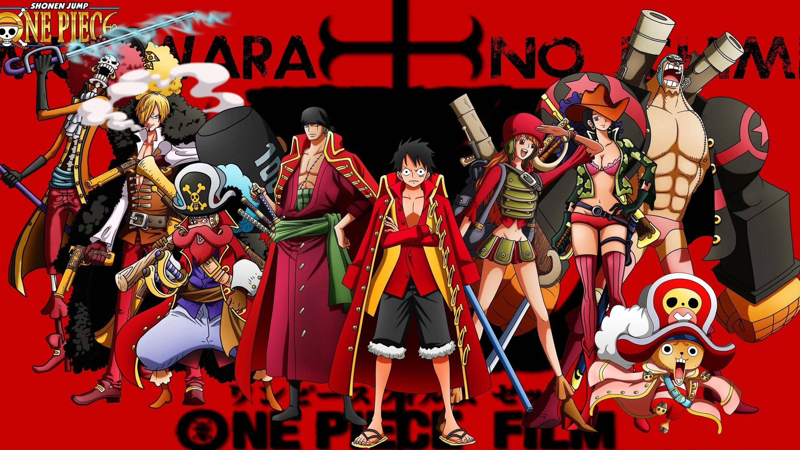 動漫 桌布 壁紙 — 來自《One Piece》的鮮豔動漫角色，在粗體文字襯托下，英勇地站在大膽的紅色背景前。