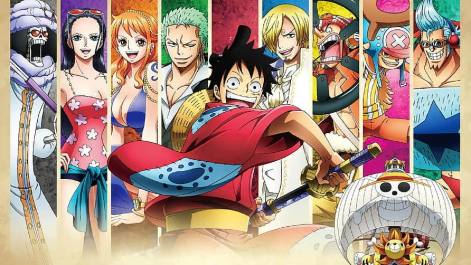 Straw Hat Pirates 桌布 壁紙 — 來自《One Piece》的鮮豔動漫角色以動態姿勢和富有表現力的面孔英雄般地站在色彩繽紛的垂直面板中。