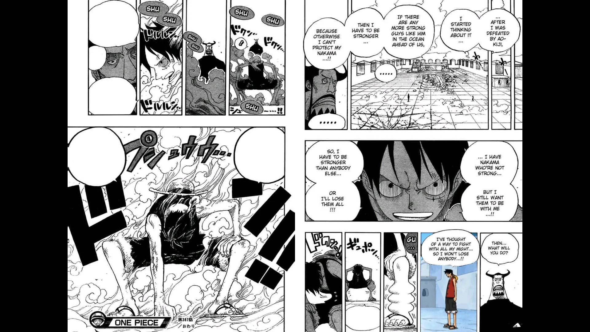 Panel 桌布 壁紙 — 來自《One Piece》的黑白漫畫格展示了一個堅定的角色在戲劇性的音效和內省對話中激烈訓練。