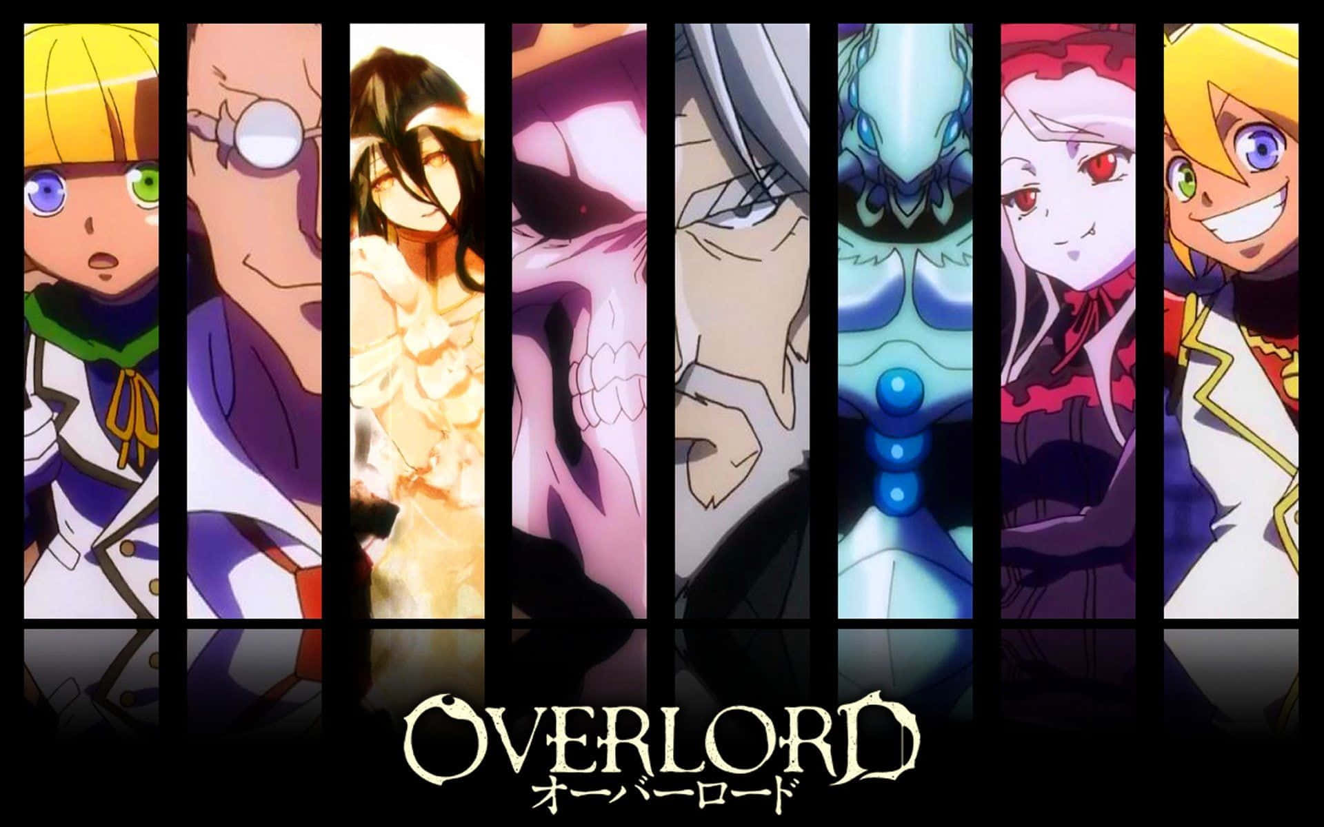 動漫 桌布 壁紙 — 來自《Overlord》的七個動漫角色站在垂直面板中，帶有戲劇性的燈光和強烈的表情。