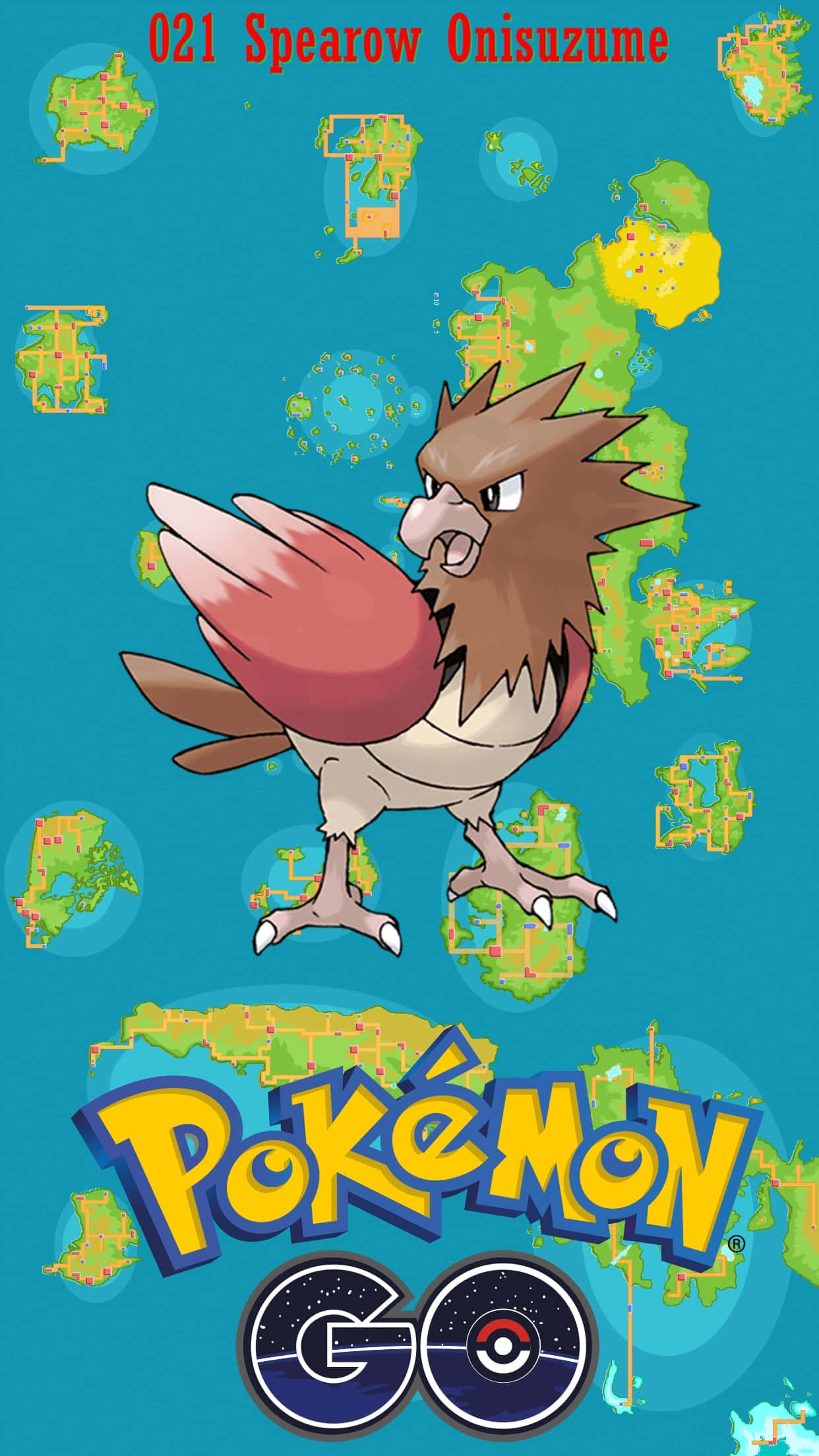 電玩遊戲 桌布 壁紙 — 來自 Pokémon GO 的 Spearow 在青綠色背景前勇敢站立，周圍漂浮著地圖碎片，下方是遊戲標誌。