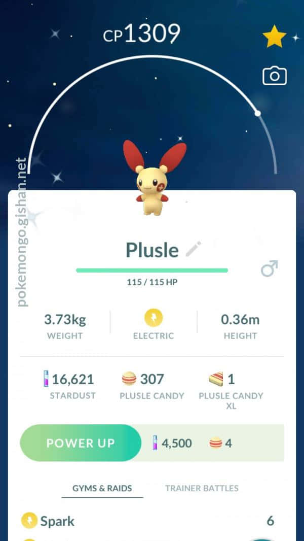 Pokemon Aesthetic 桌布 壁紙 — 來自 Pokémon GO 的 Plusle 寶可夢個人資料畫面，在星空背景上顯示統計數據。
