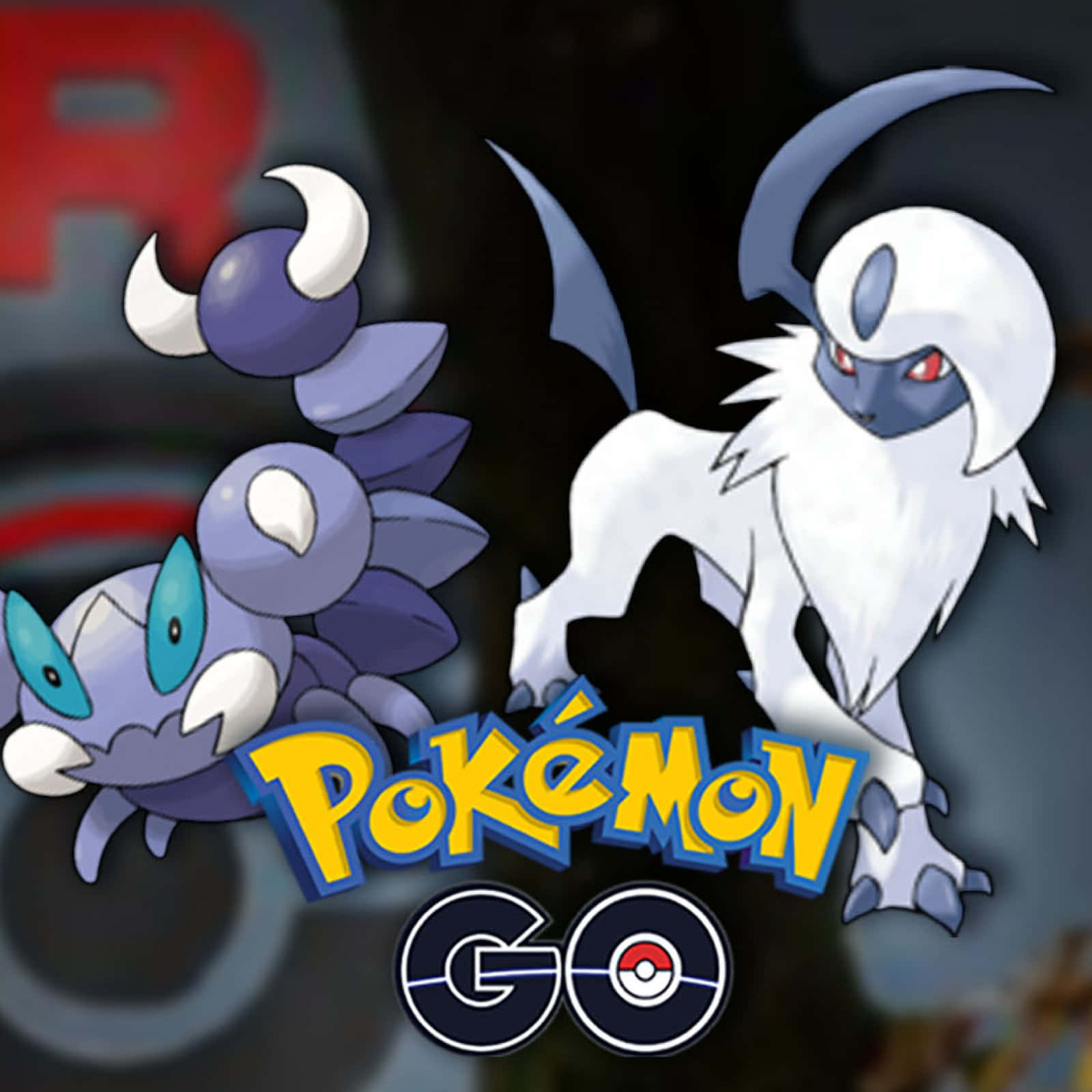 電玩遊戲 桌布 壁紙 — 來自 Pokémon GO 的兩個寶可夢角色在深色背景上突出顯示，下方有遊戲標誌。