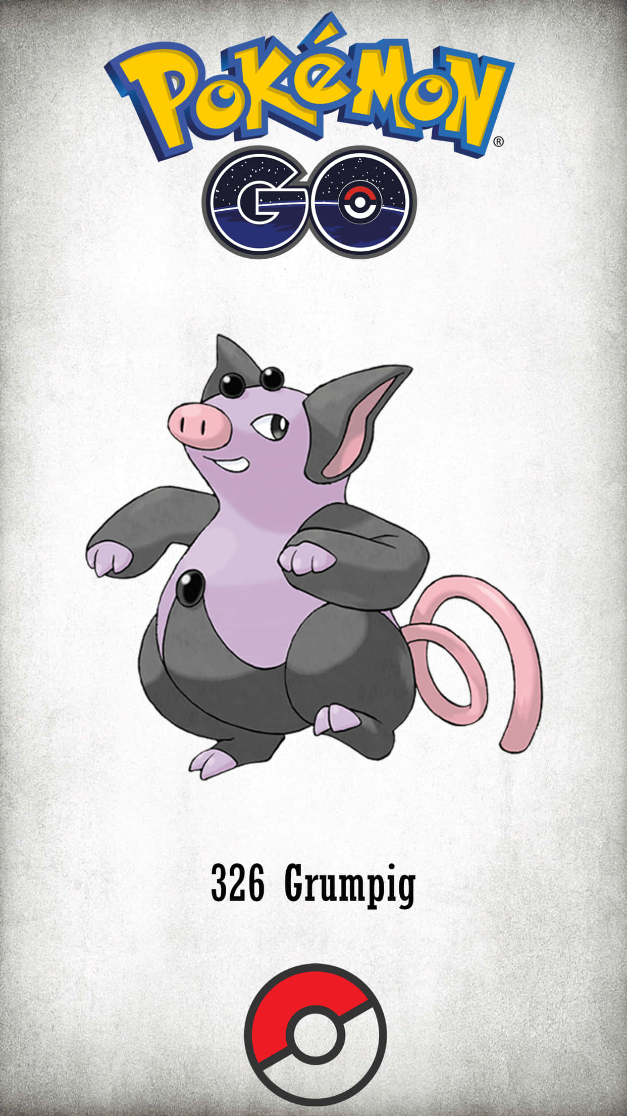 寶可夢 桌布 壁紙 — 來自 Pokémon GO 的卡通 Grumpig 站在有紋理的灰色背景上，下方有遊戲標誌和精靈球。