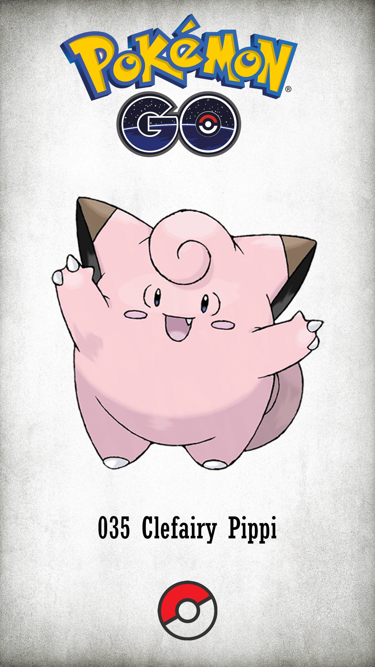 寶可夢 桌布 壁紙 — 來自 Pokémon GO 的粉紅色皮皮快樂地漂浮在帶有遊戲品牌標誌的紋理灰色背景上。