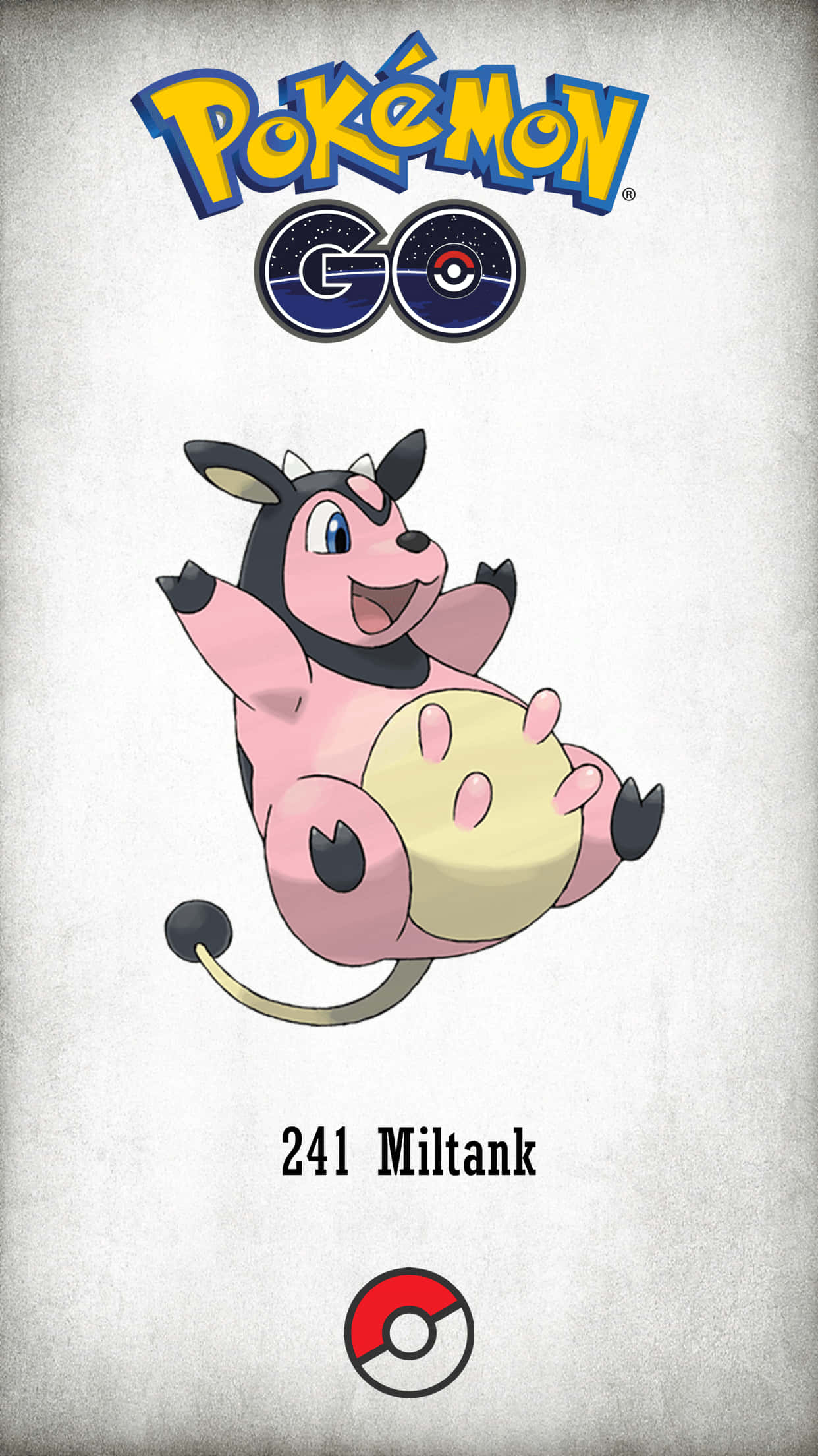 桌布 壁紙 — 來自 Pokémon GO 的粉紅色大奶罐愉快地漂浮在帶有紋理的灰色背景上，並有遊戲標誌和精靈球。