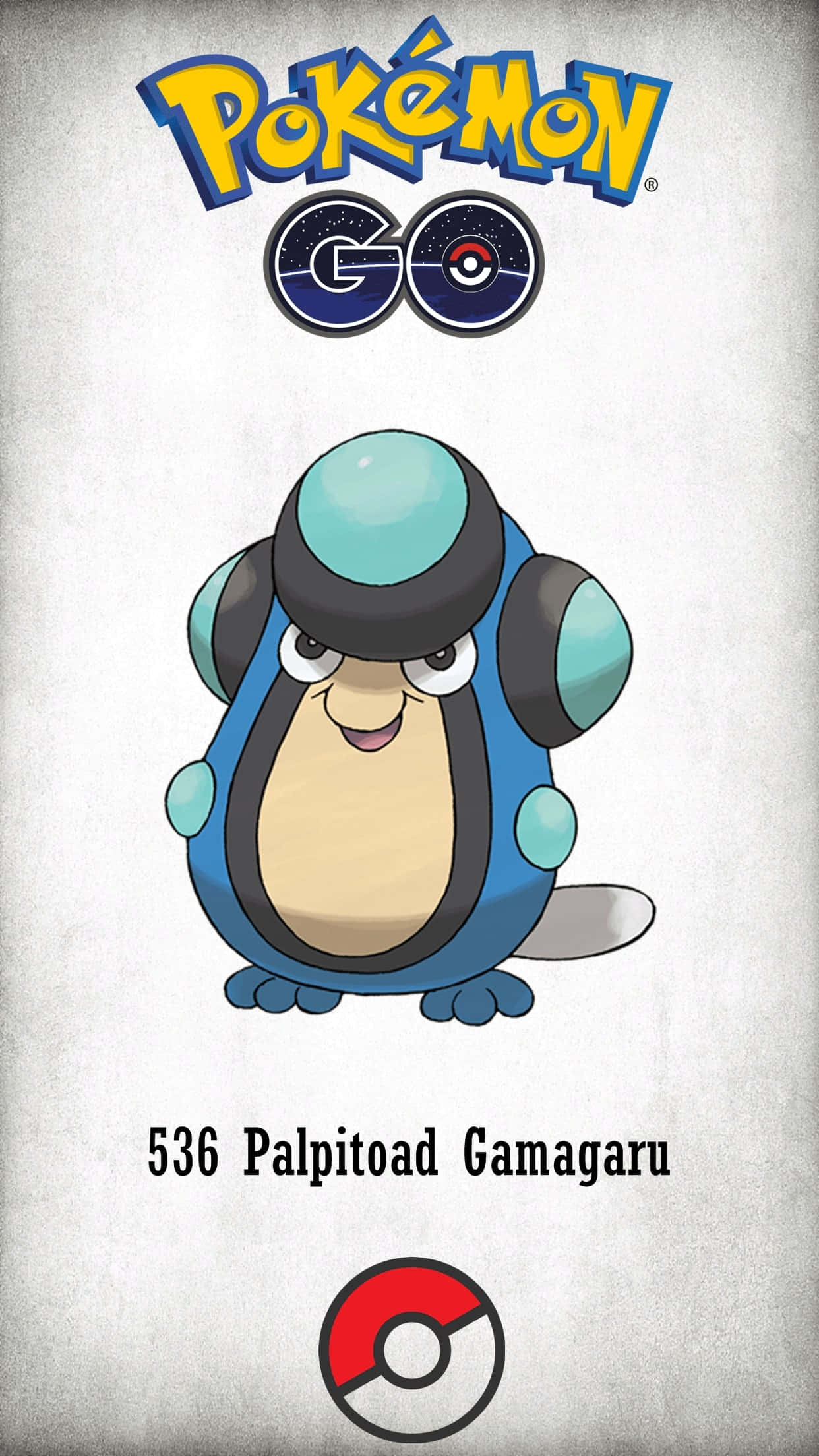 藍色 桌布 壁紙 — 來自 Pokémon GO 的開心卡通蟾蜍王站在有紋理的灰色背景中央，上下有遊戲標誌。
