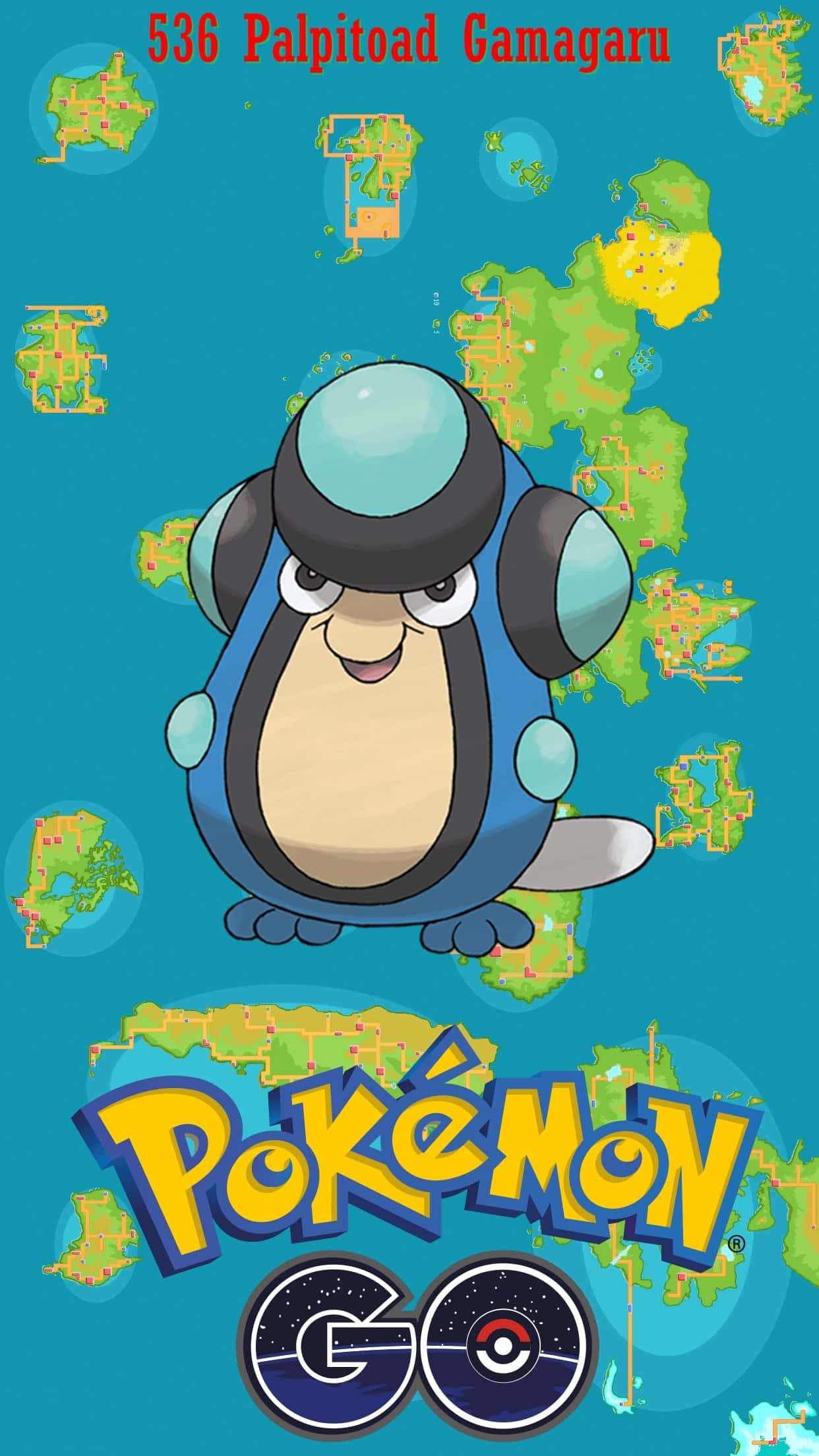 手機 桌布 壁紙 — 來自 Pokémon GO 的開心藍蟾蜍漂浮在青綠色背景上，周圍散落著地圖碎片。
