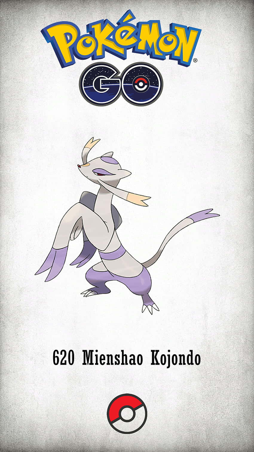 桌布 壁紙 — 來自 Pokémon GO 的風格化 Mienshao 寶可夢角色，在帶有紋理的灰色背景和遊戲標誌前擺出姿勢。