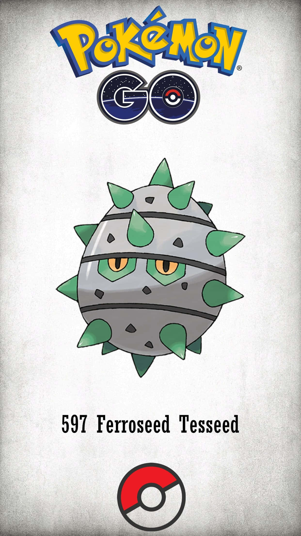 高清 桌布 壁紙 — 來自 Pokémon GO 的風格化 Ferroseed 寶可夢卡牌，在紋理灰色背景上帶有綠色尖刺和黃色眼睛。