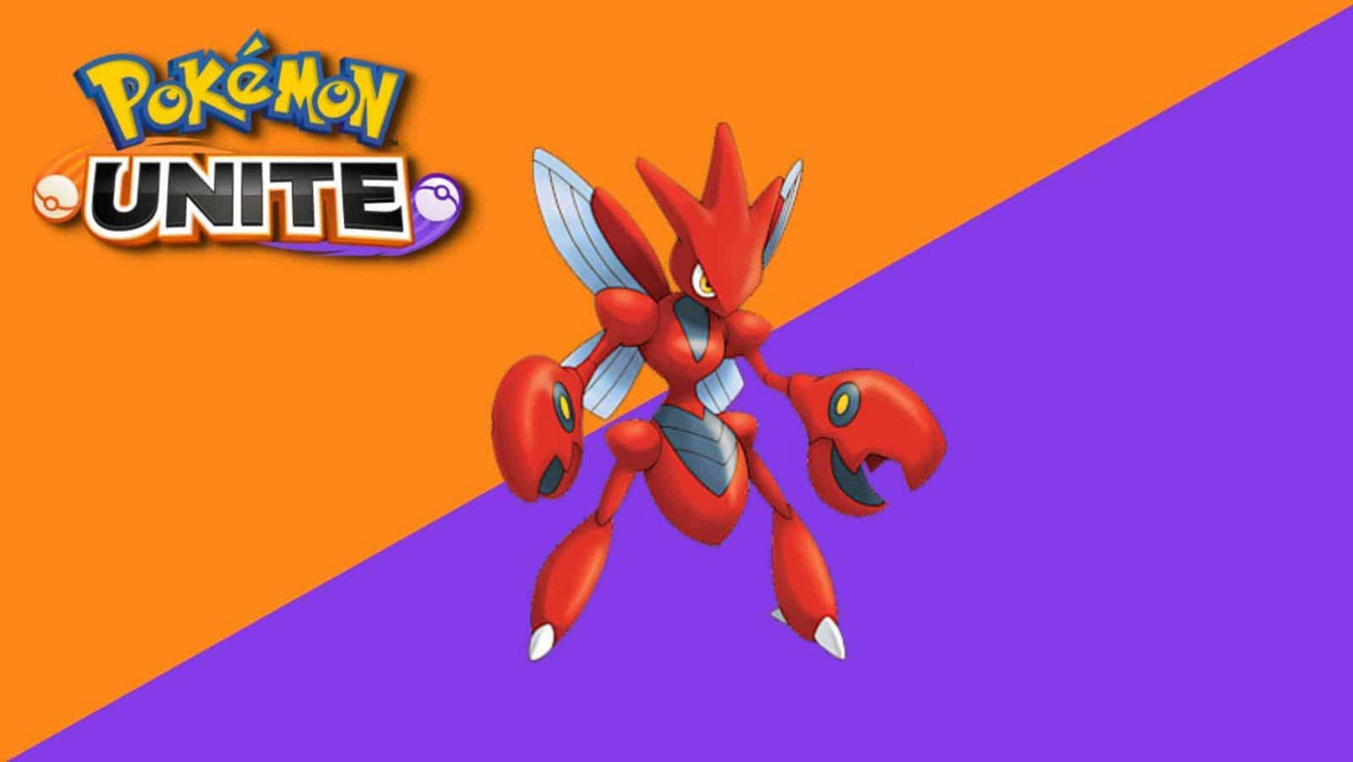 動漫 桌布 壁紙 — 來自 Pokémon Unite 的火紅巨鉗螳螂在鮮豔的橙色和紫色對角線背景前動態站立。