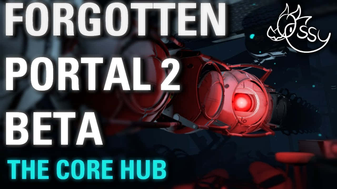 Portal Characters 桌布 壁紙 — 來自 Portal 2 的紅色發光傳送槍漂浮在黑暗實驗室中，帶有粗體文字疊加。