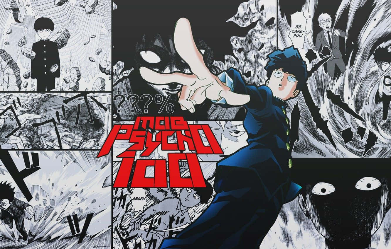 路人超能100 桌布 壁紙 — 來自《PSYCHO-PASS 心靈判官》的動態漫畫面板，展示一個身穿藍色西裝的角色在混亂的黑白背景和紅色標題文字中行動。