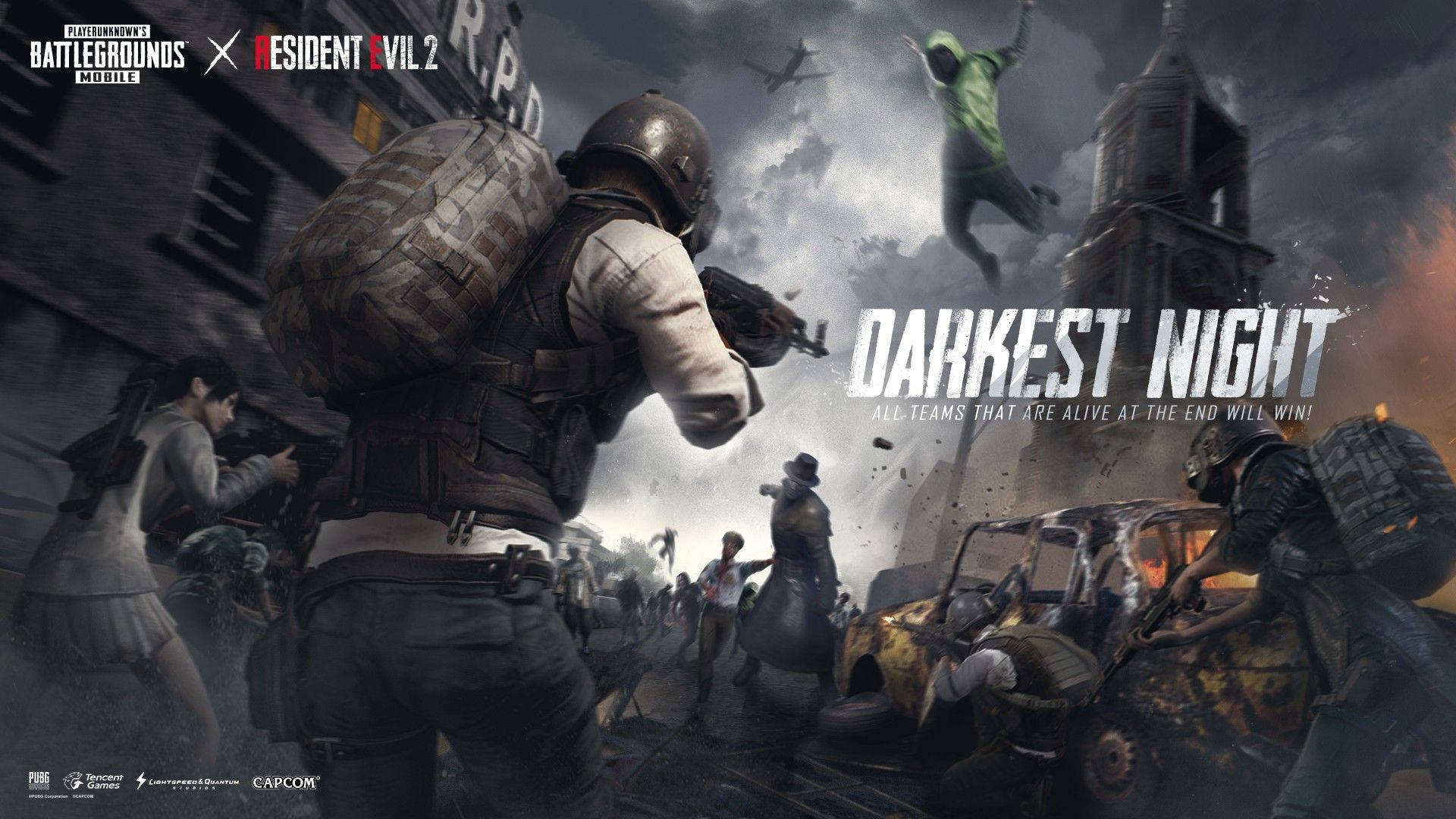 絕地求生 桌布 壁紙 — 來自 PUBG Mobile x Resident Evil 2 聯動的混亂戰鬥場景，士兵們在夜晚的廢墟城市中與殭屍戰鬥。