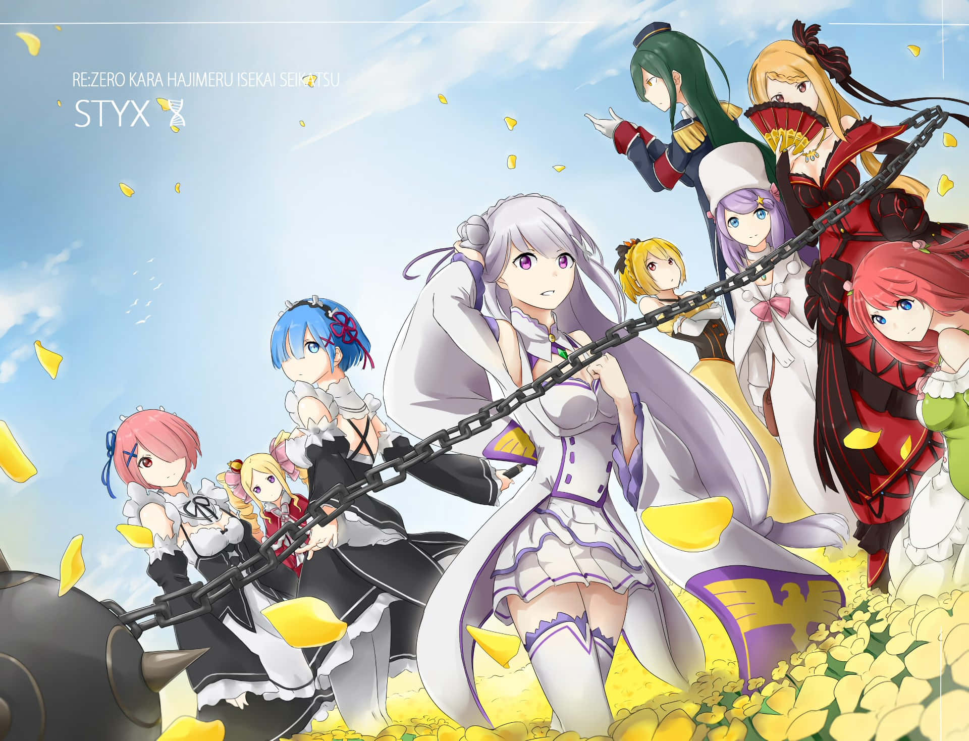 Anastasia Hoshin 桌布 壁紙 — 來自《Re:Zero》的動漫角色站在金色花瓣中，在明亮的藍天下，一條大鏈條橫跨場景。