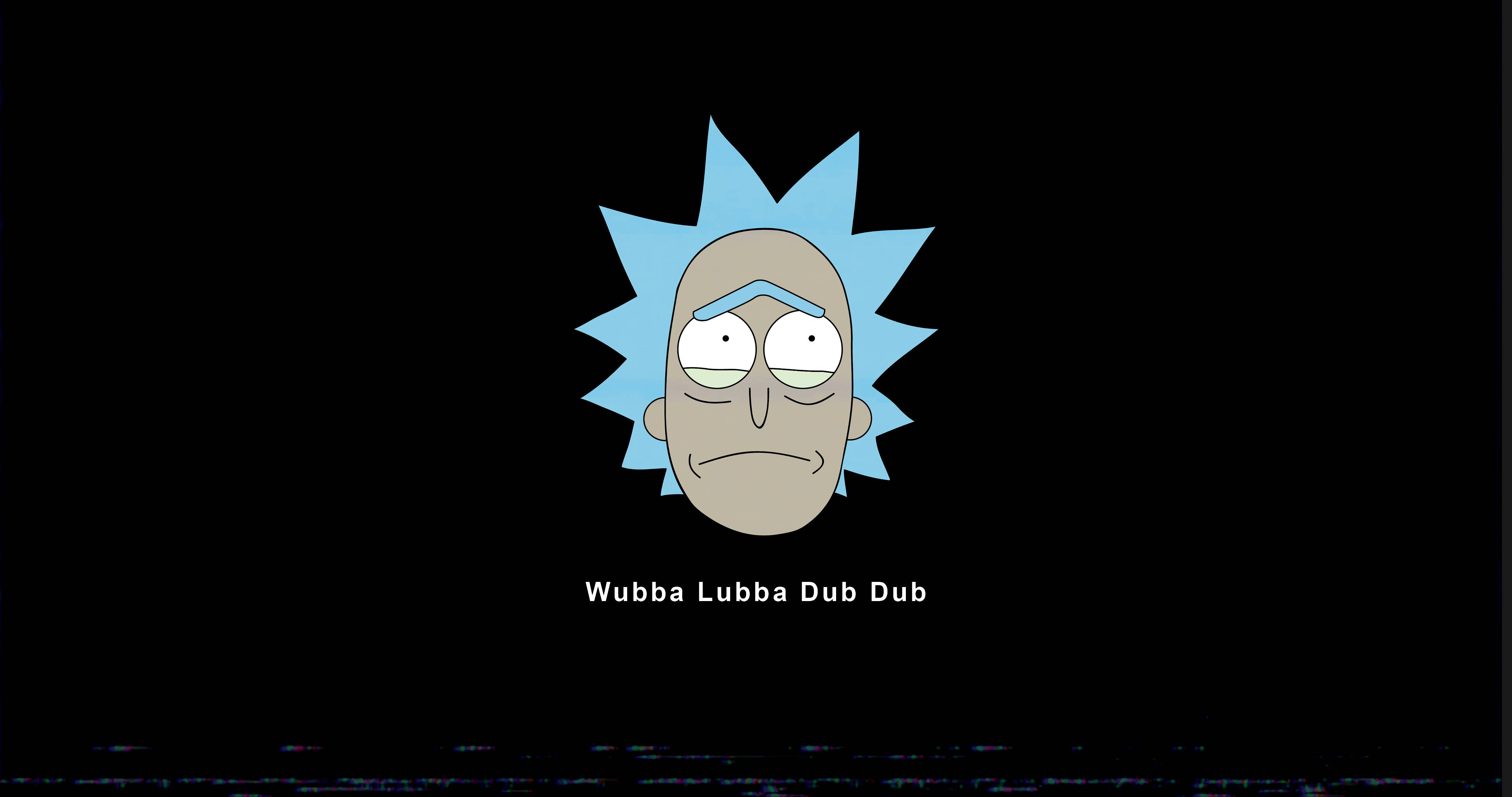 憂鬱美學 桌布 壁紙 — 來自《Rick and Morty》的Rick Sanchez，帶著疲倦的眼睛和藍色尖刺頭髮，在黑色背景上帶有故障效果。