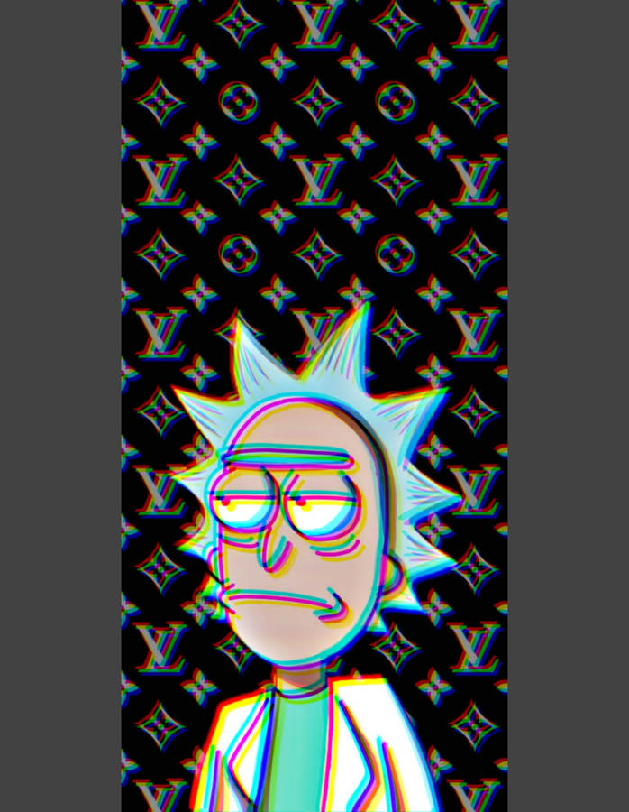 瑞克和莫蒂 桌布 壁紙 — 來自《Rick and Morty》的Rick Sanchez，帶有故障彩虹輪廓，背景為重複的Louis Vuitton monogram圖案。