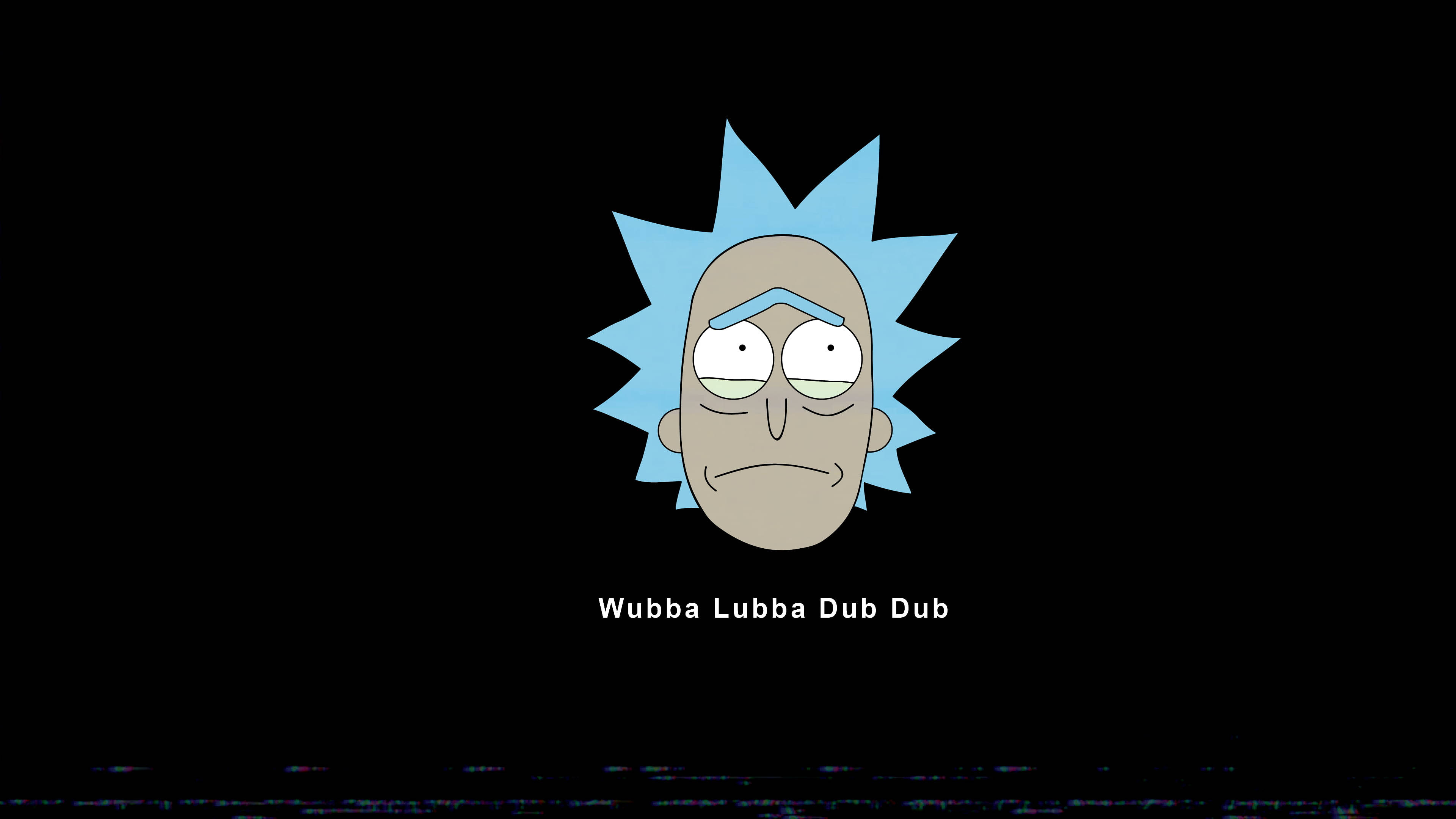 rick 桌布 壁紙 — 來自《Rick and Morty》的Rick Sanchez，藍色刺蝟頭，疲憊表情，黑色背景帶有故障效果和文字。