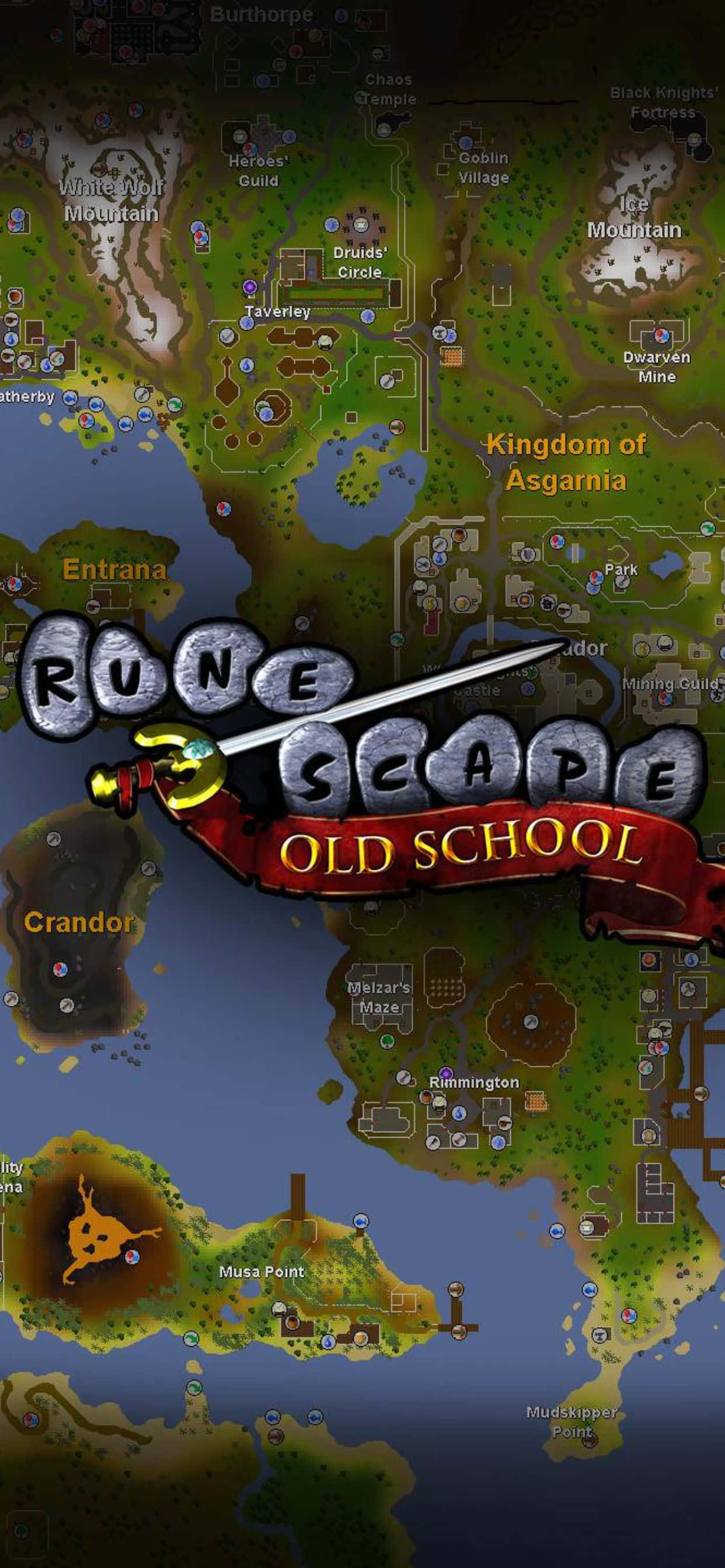 Map 桌布 壁紙 — 來自 RuneScape Old School 的詳細奇幻地圖，帶有標記位置和劍形標誌。