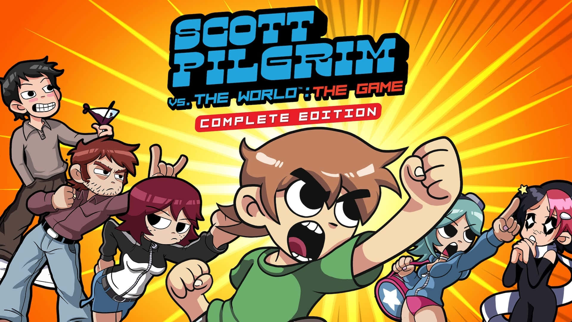 Scott Pilgrim 和他的盟友以動漫風格在明亮的橙色背景上舉起拳頭。
