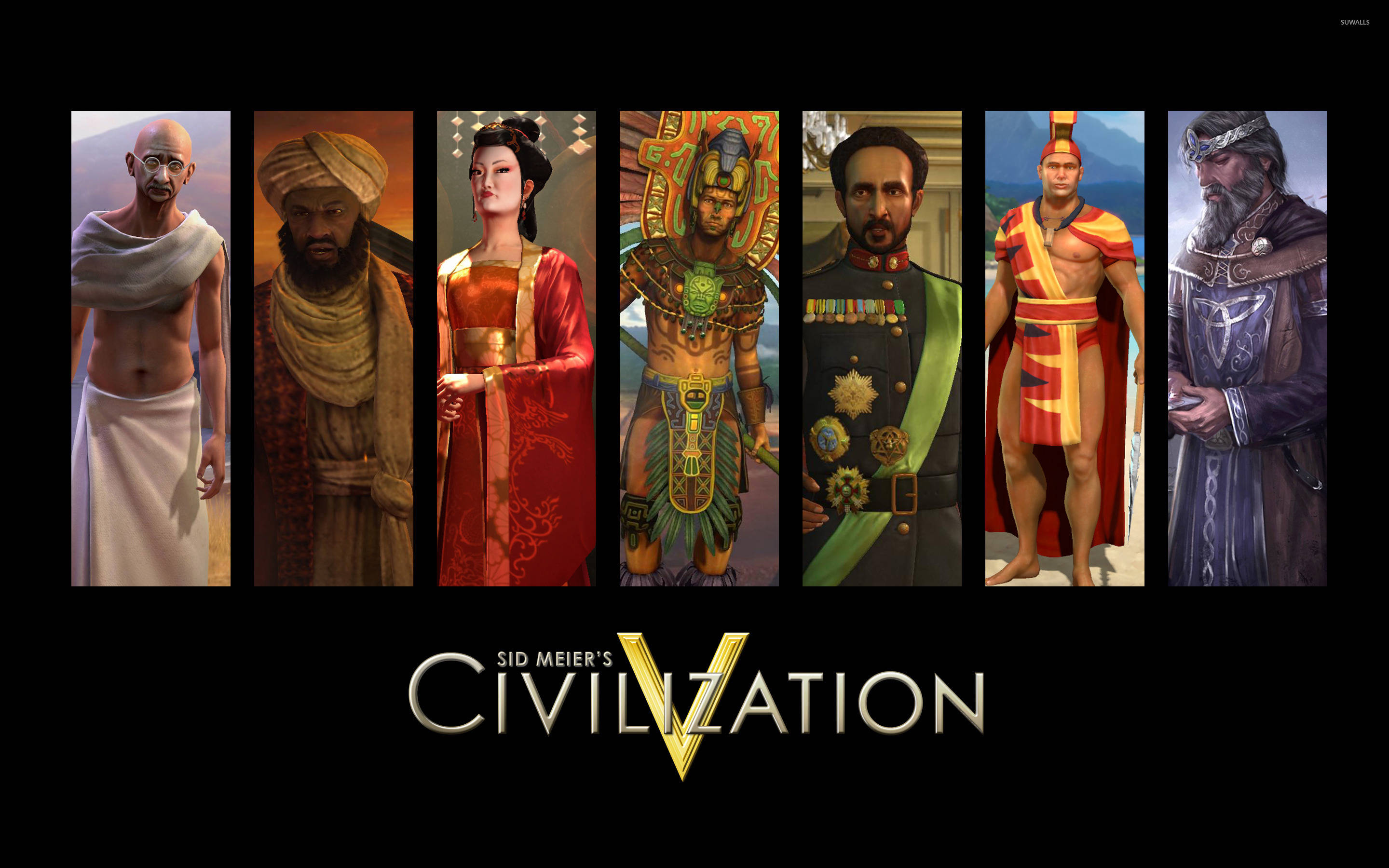 civilization 5 桌布 壁紙 — 來自《Sid Meier's Civilization V》的七位標誌性領袖站在黑色背景前，排成一排，每位都穿著具有文化特色的服飾。