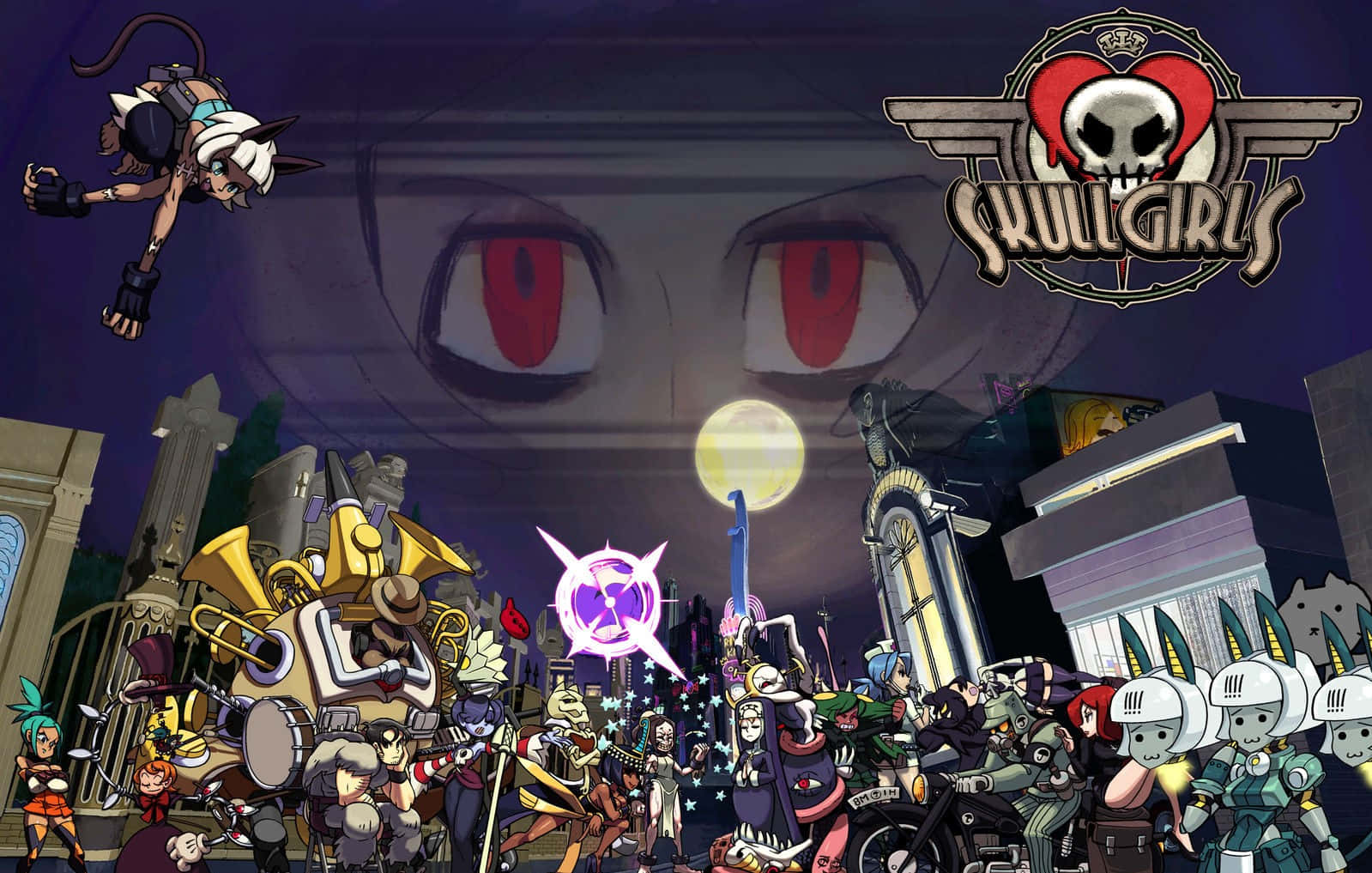 桌布 壁紙 — 來自《Skullgirls》的充滿活力的動漫風格戰鬥場景，描繪了在滿月下的城市景觀中，各種戰士與上方巨大的紅色眼睛對峙。