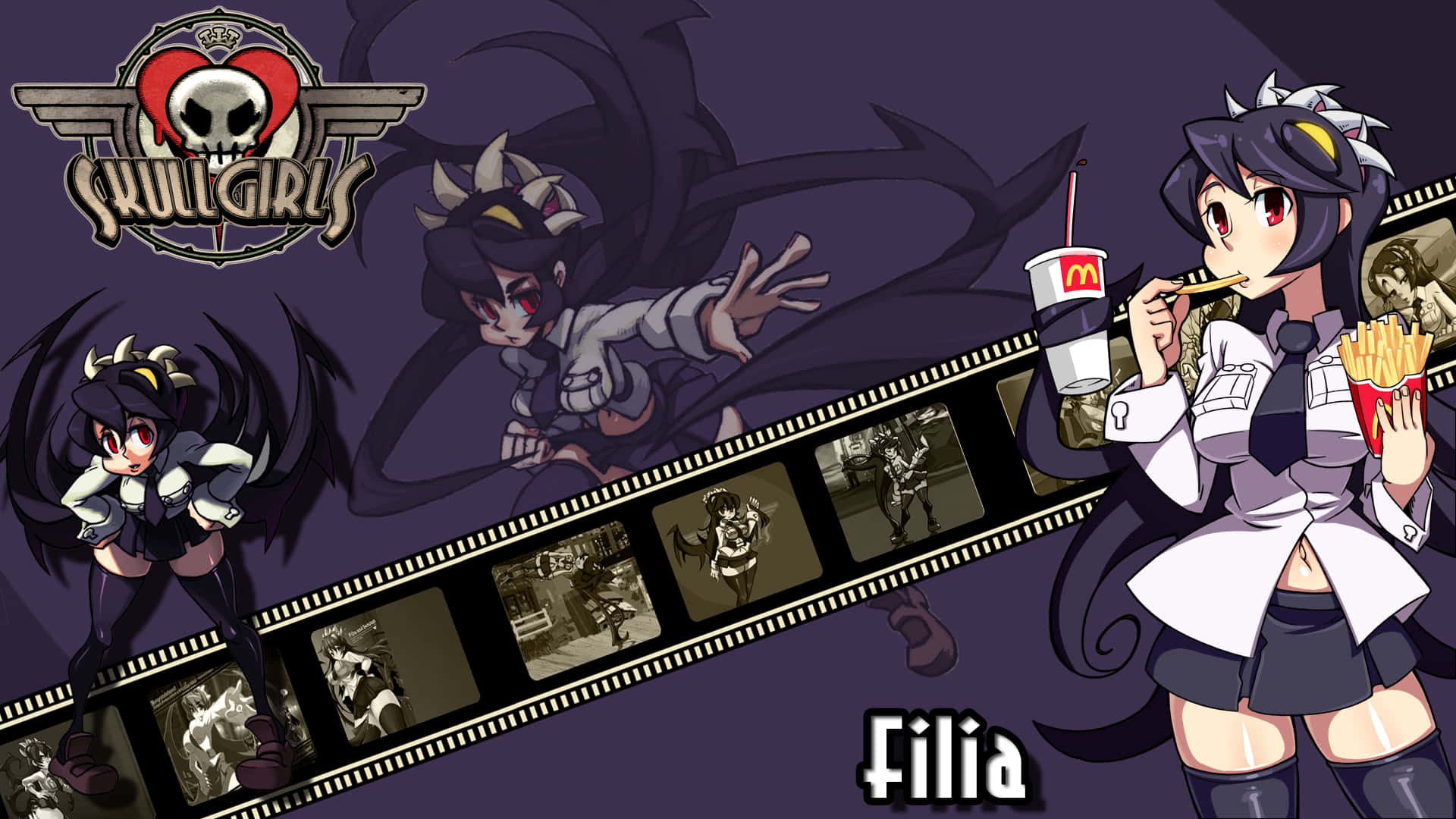 game 桌布 壁紙 — 來自《Skullgirls》的動畫角色Filia正在吃薯條和喝汽水，同時一條膠片條在深紫色背景上展示她的戰鬥姿勢。