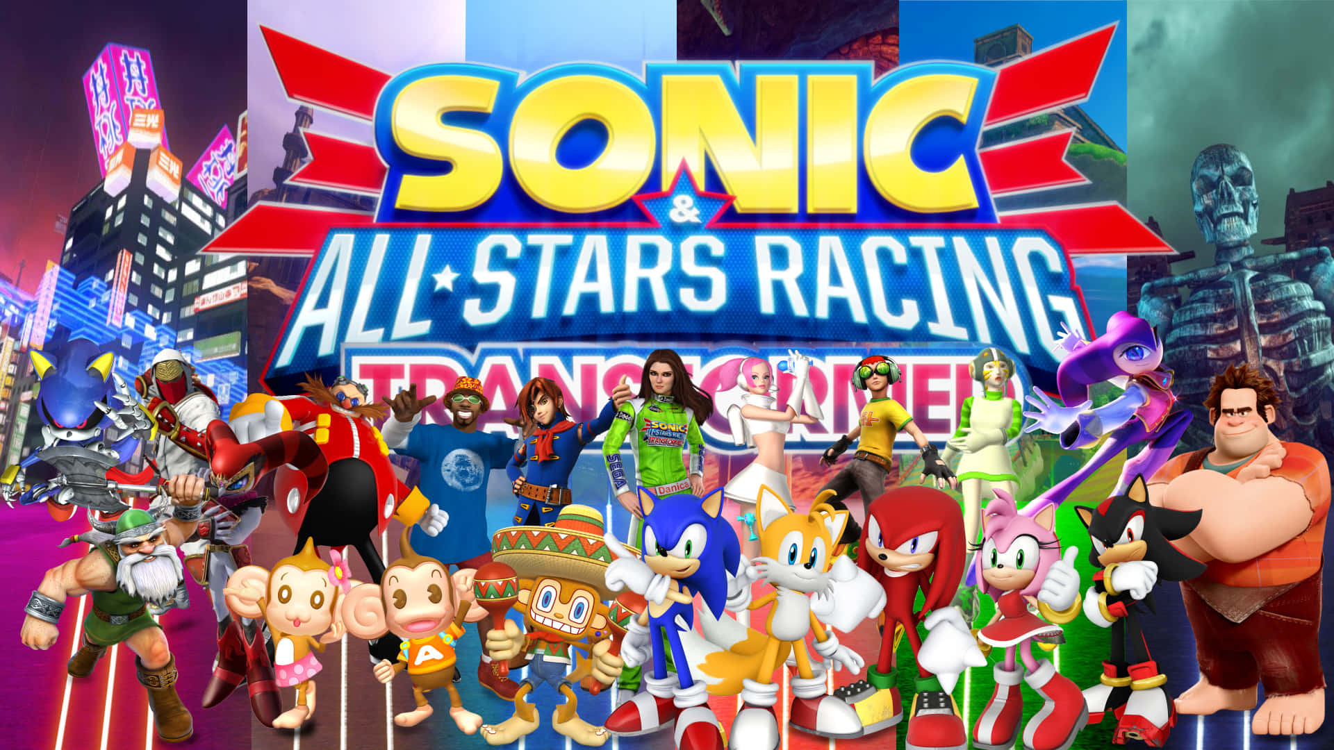 Sonic And All-stars Racing Transformed 桌布 壁紙 — 來自《Sonic All Stars Racing》的鮮明電玩角色，在霓虹燈照亮城市背景下英雄式擺姿勢。