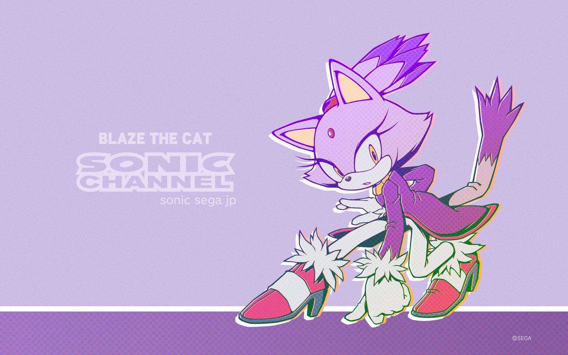 Blaze The Cat 桌布 壁紙 — 來自 Sonic Channel 的 Blaze the Cat 在柔和的紫色背景上擺出動態姿勢，帶有粗線條和鮮豔的粉紅色點綴。