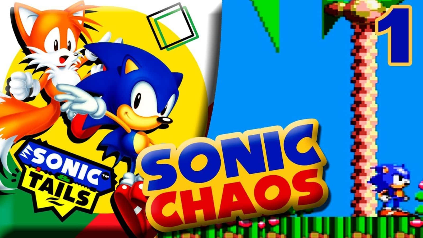 Sonic Chaos 桌布 壁紙 — 來自《Sonic Chaos》遊戲藝術的索尼克和塔爾斯，帶有像素化關卡和鮮豔的復古色彩。