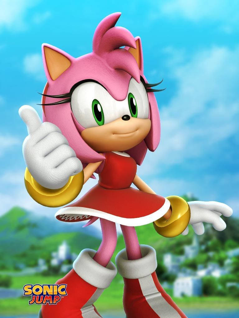 艾咪·羅斯 桌布 壁紙 — 來自《Sonic Jump》的艾咪·羅斯在充滿活力的戶外環境中，綠色的山丘和藍色的天空下，開心地豎起大拇指。