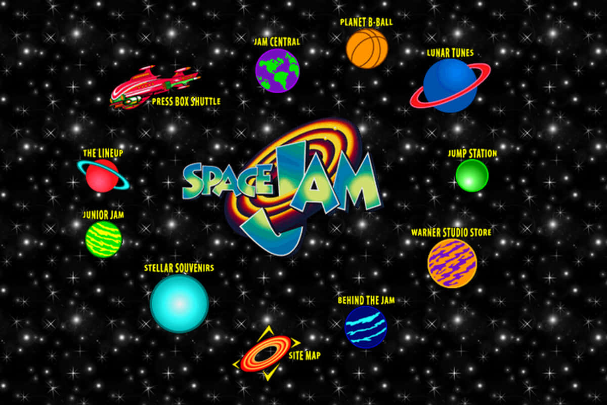 Space Jam A New Legacy 桌布 壁紙 — 來自 Space Jam 的充滿活力的太空主題地圖，在繁星點點的黑色背景上呈現色彩繽紛的行星和標記位置。