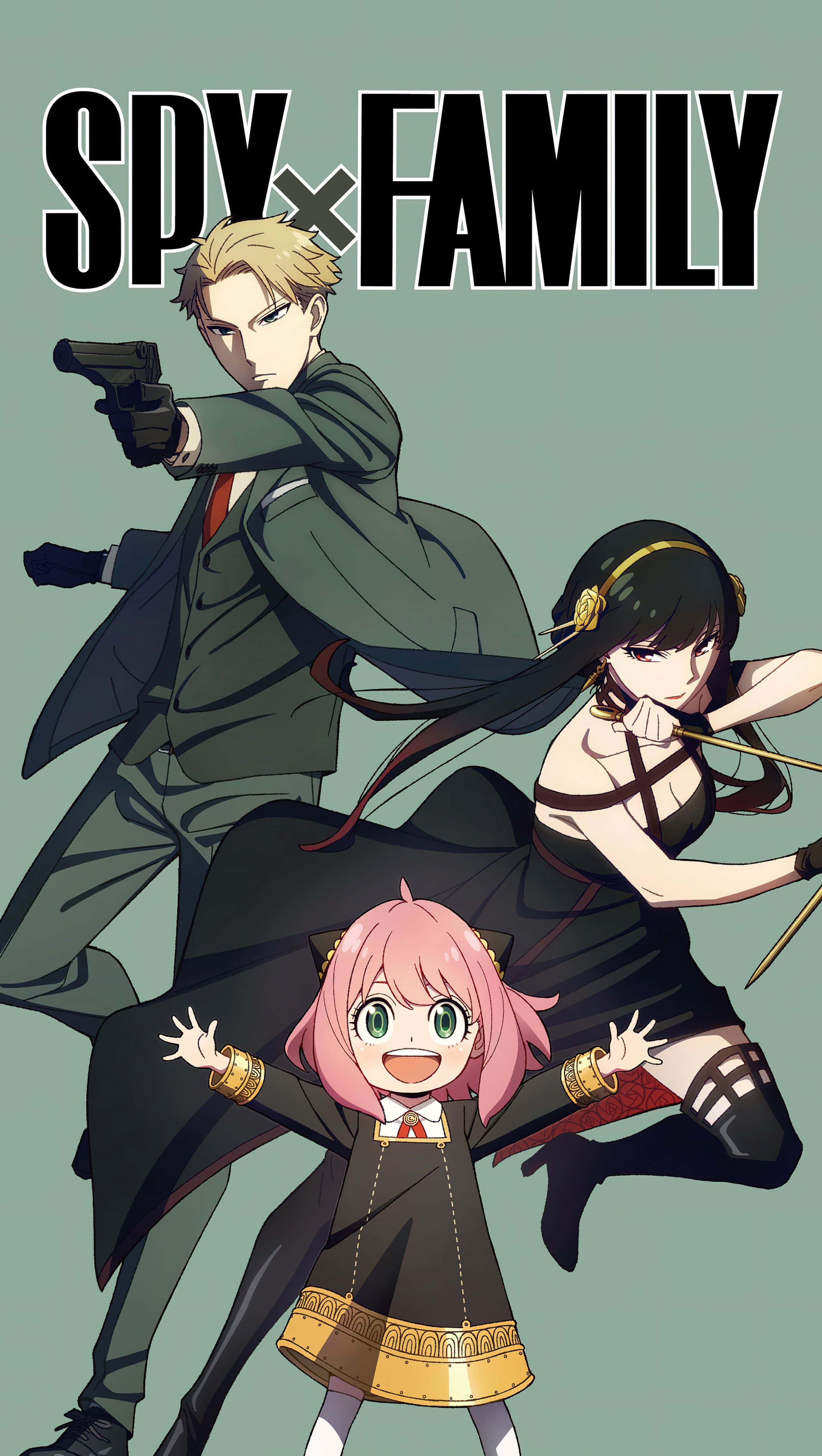 Anime Character 桌布 壁紙 — 來自《SPY×FAMILY》的三個動漫角色在柔和的綠色背景上以粗體標題文字動態擺姿勢。