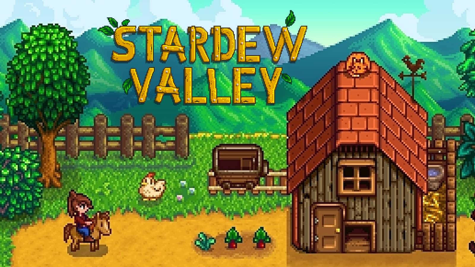 星露谷物語 桌布 壁紙 — 來自 Stardew Valley 的像素藝術農場場景，玩家騎著馬靠近木屋，背景有山脈。