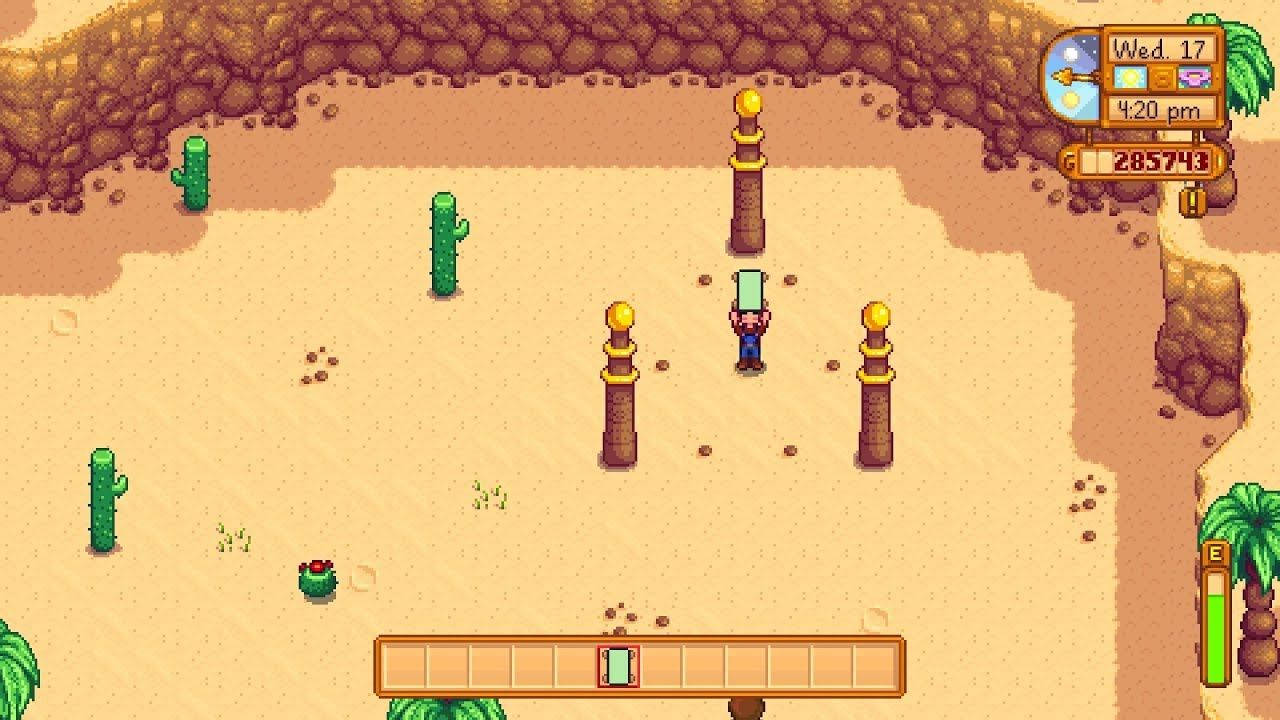 Valley 桌布 壁紙 — 來自 Stardew Valley 的像素藝術沙漠場景，玩家角色站在石柱和仙人掌附近，在溫暖的陽光下。
