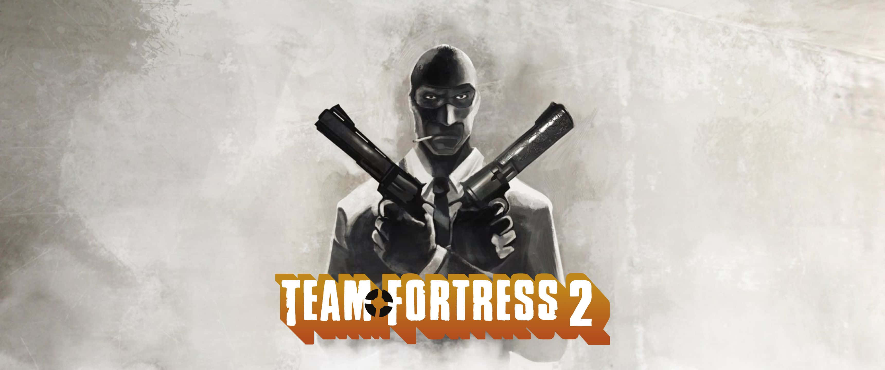 3440x1440p Tf2 桌布 壁紙 — 來自《Team Fortress 2》的蒙面角色在煙霧彌漫的灰色背景前交叉手持兩把手槍。