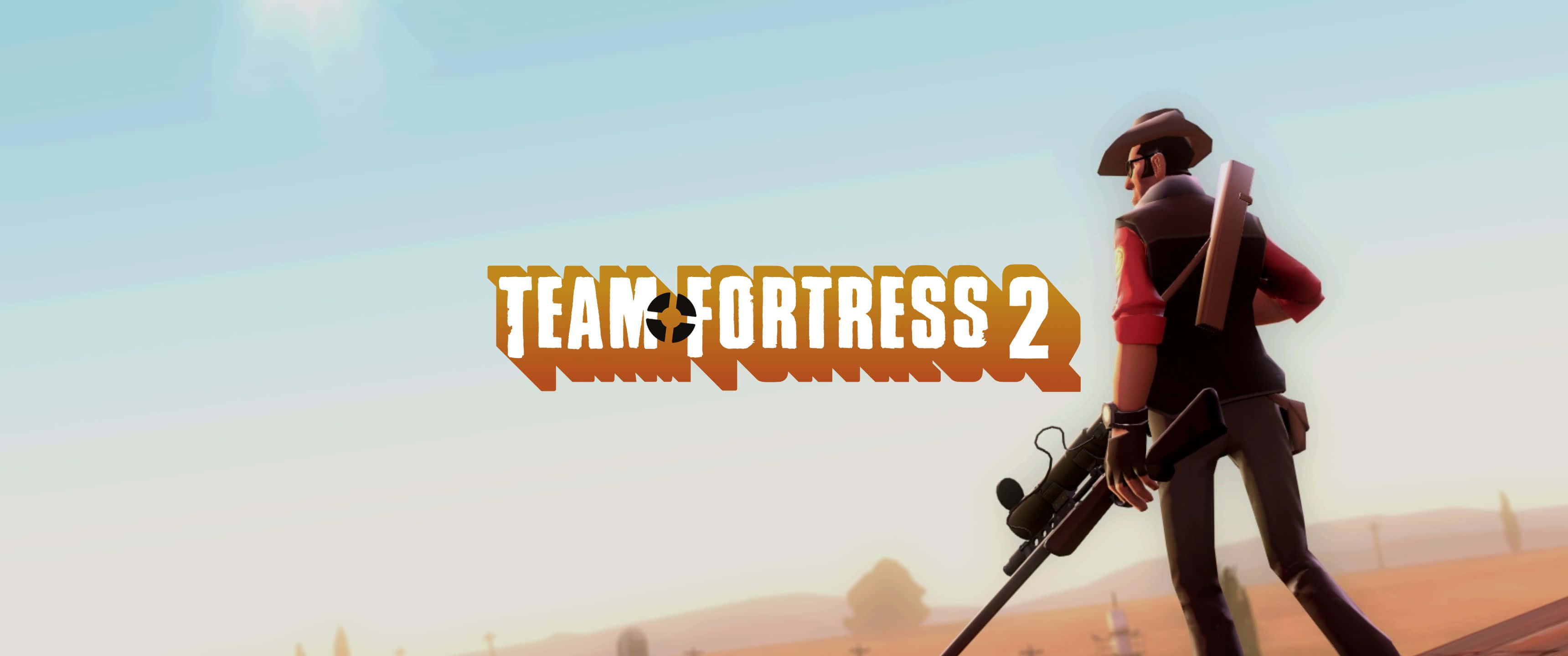 3440x1440p Tf2 桌布 壁紙 — 來自《Team Fortress 2》的牛仔主題士兵站在沙漠景觀中，在明亮的天空下持步槍。
