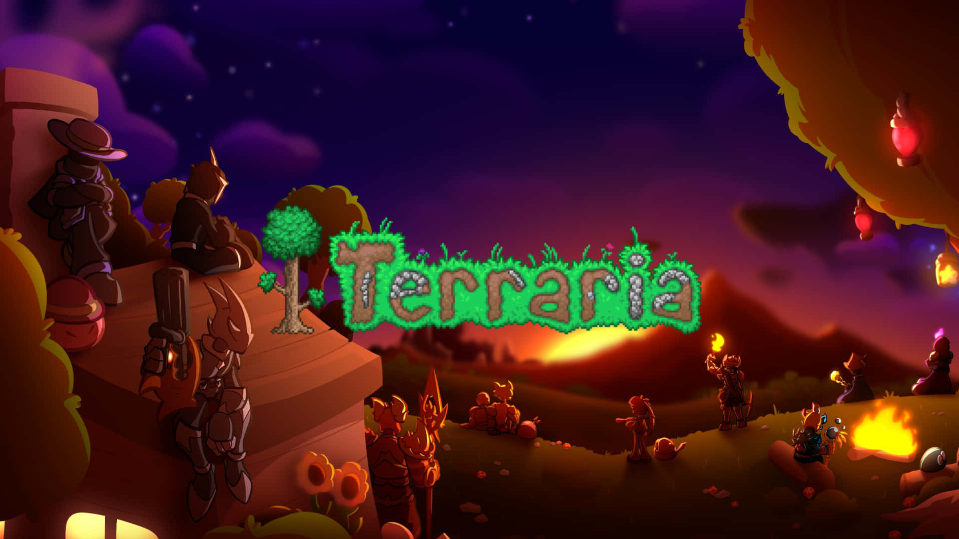 泰拉瑞亞 桌布 壁紙 — 來自 Terraria 的充滿活力的像素藝術場景顯示角色在星光燦爛的黃昏天空下聚集在營火周圍，有發光的蘑菇和發光的標題。