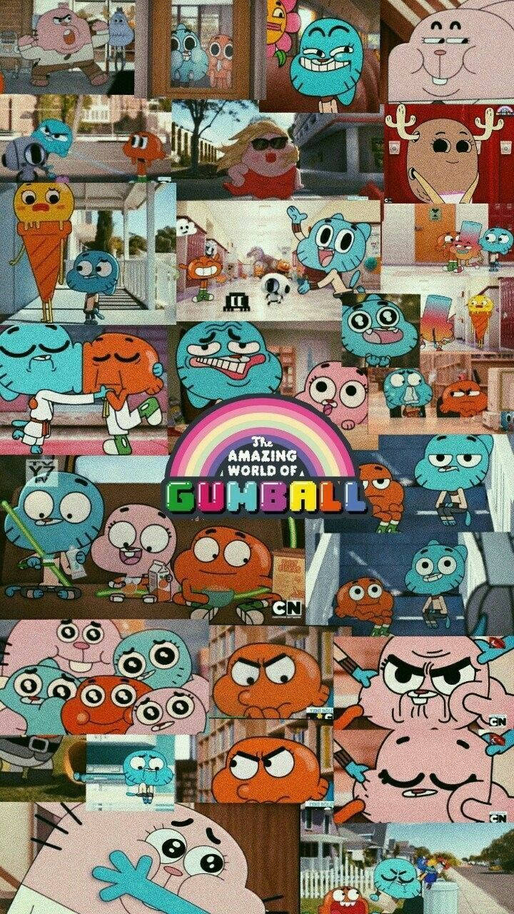 Cartoon 桌布 壁紙 — 來自《The Amazing World of Gumball》的動畫角色拼貼畫，展現各種表情和場景。