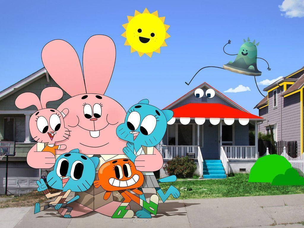 Gumball 桌布 壁紙 — 來自《The Amazing World of Gumball》的卡通角色在微笑的太陽下，歡快地站在一棟郊區房屋前。