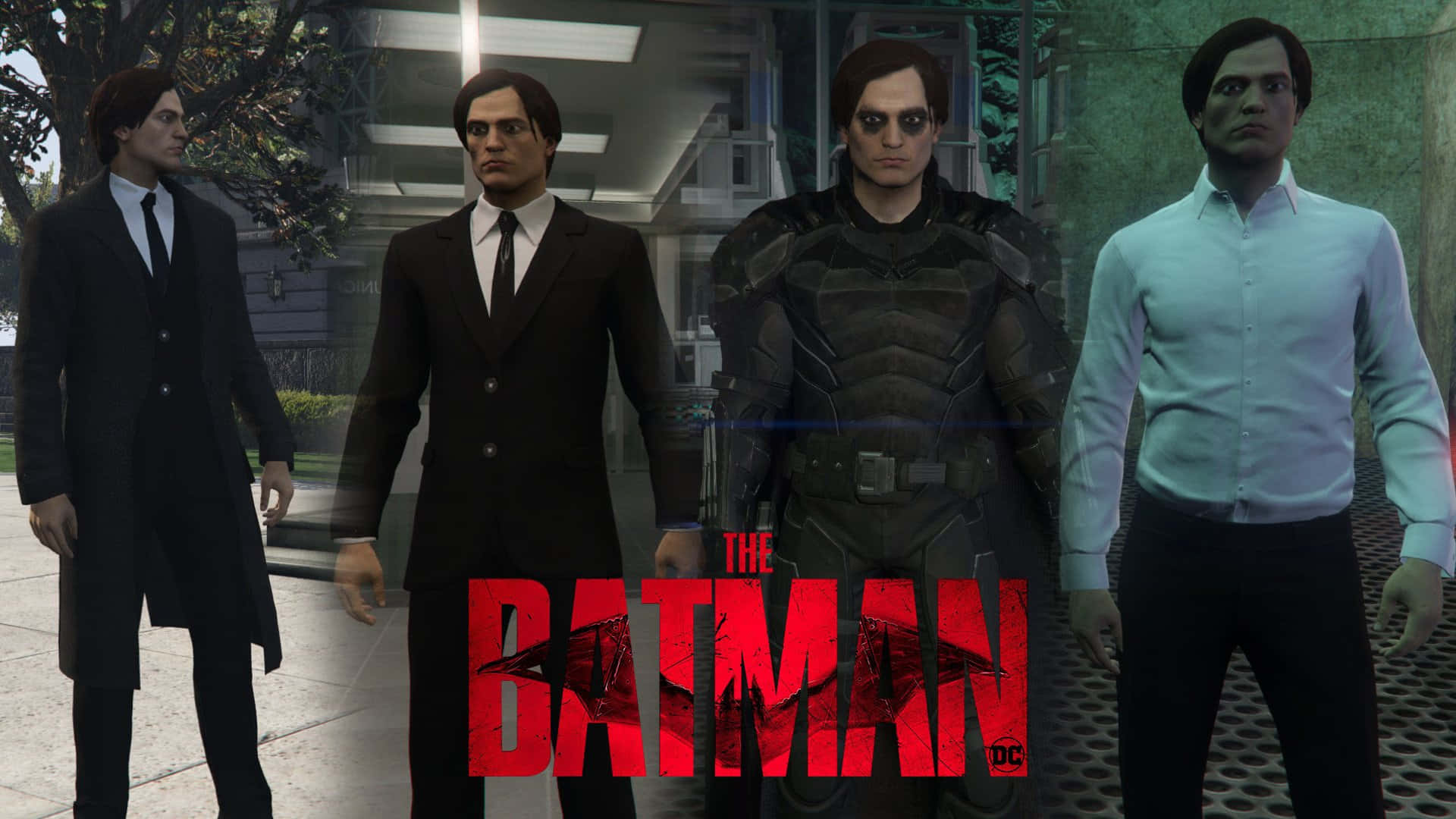Bruce Wayne 桌布 壁紙 — 來自《The Batman》遊戲的四個角色站在一個陰暗的城市環境中，標題標誌顯眼地展示。