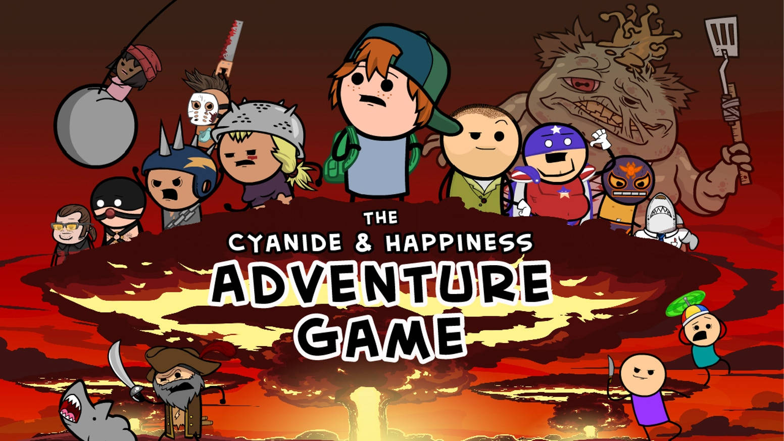 happiness 桌布 壁紙 — 來自《The Cyanide & Happiness Adventure Game》的卡通角色站在熾熱的景觀上，手持武器和工具。