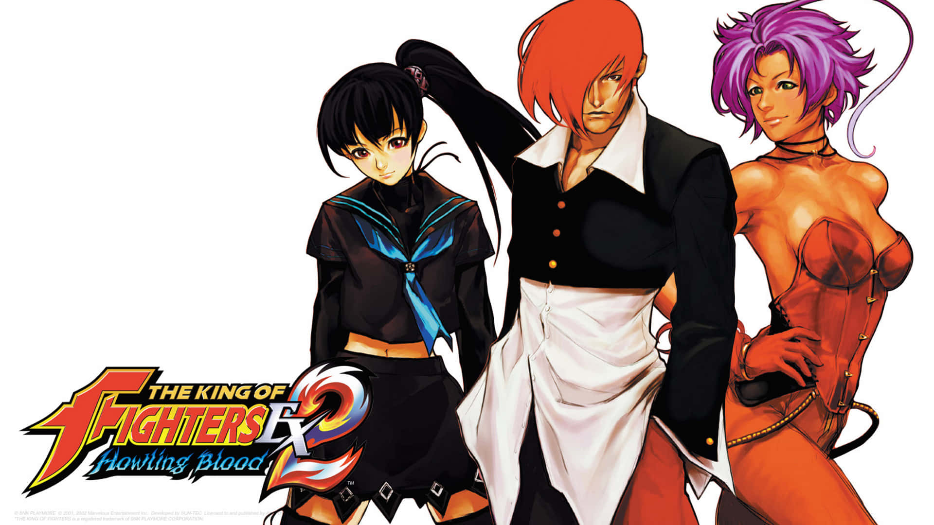 桌布 壁紙 — 來自《The King of Fighters EX2 Howling Blood》的三位動漫戰士自信地站在白色背景前。