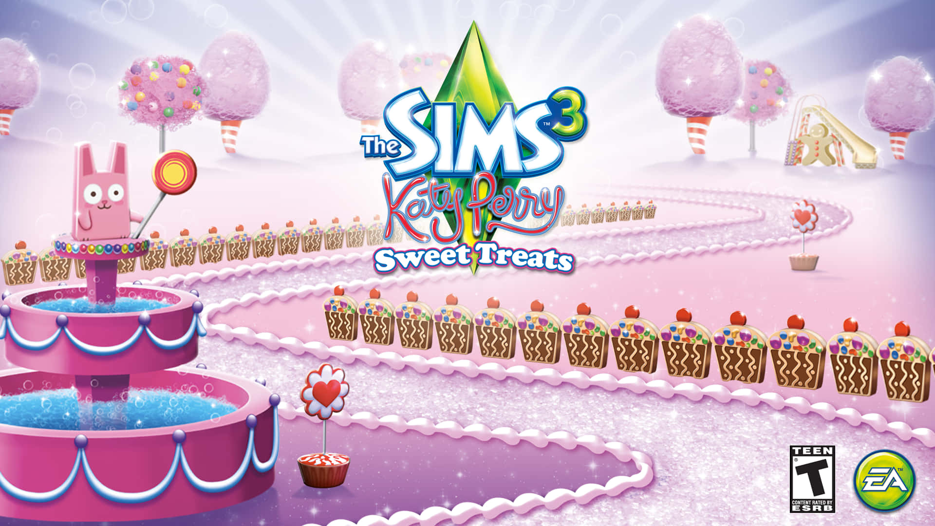 電玩遊戲 桌布 壁紙 — 來自《The Sims 3 Katy Perry Sweet Treats》擴充包的夢幻粉紅糖果主題景觀，設有紙杯蛋糕小徑和兔子噴泉。